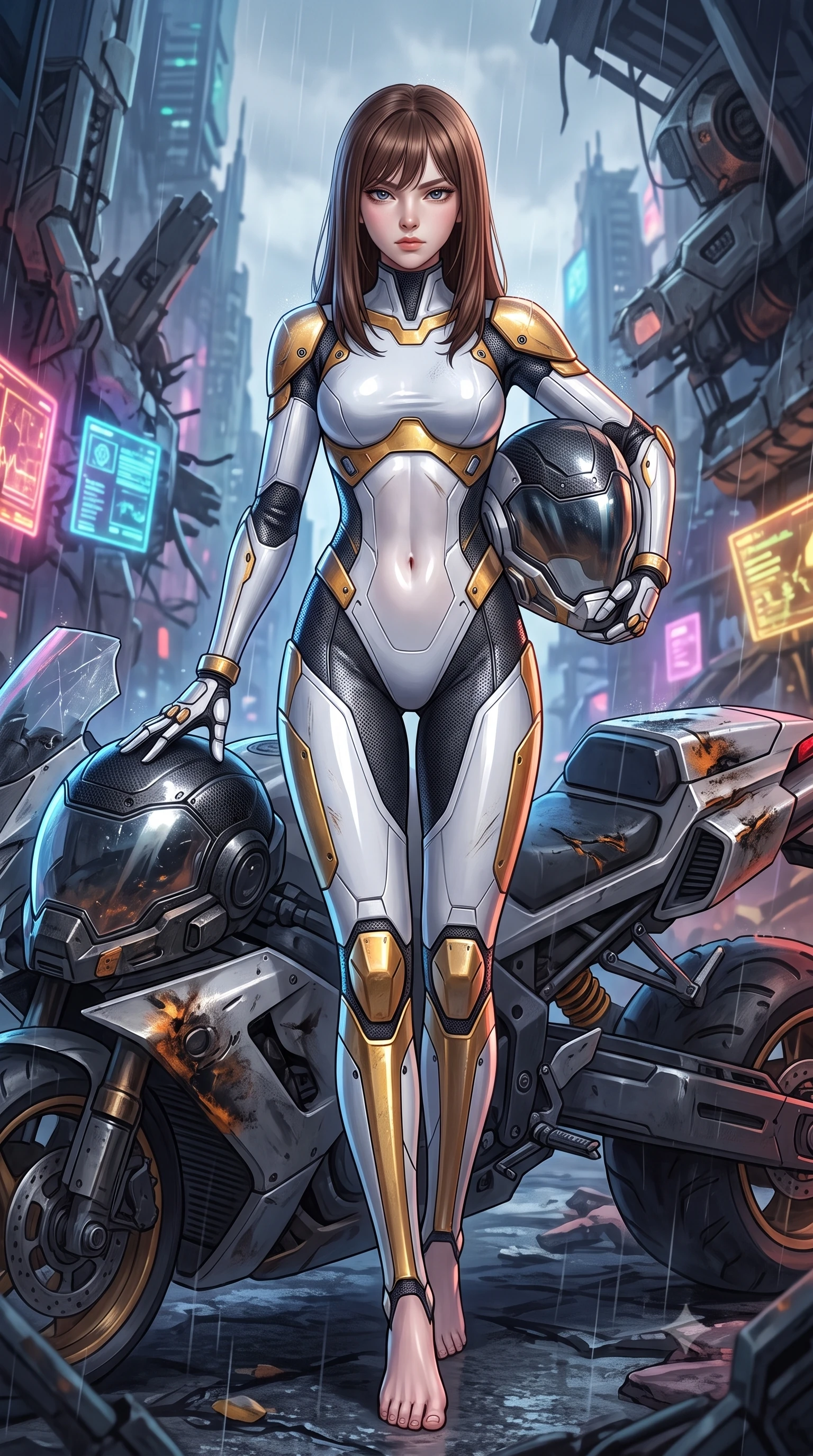 score_9, masterpiece, best quality, ultra-detailed, high-budget anime keyframe, semi-realistic 3D game render, editorial fashion photography, tasteful artistic composition, Korean woman. low angle full-body shot from head to toe showing her feet, filling the entire 9:16 vertical frame with her statuesque presence, stretching her vertical silhouette. striding forward with sovereign warrior elegance in a low, predatory combat advance through the ruins, hips swaying with fierce athletic poise while resting one hand on the mechanical hull with an intense, smoldering gaze looking directly into the camera. The surrounding environment is rendered in vivid detail and crisp panoramic clarity. detailed carbon helmet shell textures, transparent visor reflections, and scorched titanium armor plates in deep focus. She has an absolutely perfect, statuesque 8.5-heads proportion, an exceptionally tall and slender model-like female figure with impossibly long slender legs, a toned flat midriff, and an ultra-slim waist. sharp v-shaped jawline, high-bridge nose, intricate jewel-like eyes with depth, thick eyelashes, glossy lips with a natural sheen, fierce and resolute heroine expression, flawlessly proportioned anatomical accuracy, strict slender model proportions, natural body alignment, perfectly sculpted long slender limbs, ultra-slim waistline, clean dynamic posture without body distortion. holding a modular carbon battle-helmet under one arm, her flawless face and sculpted neck exposed to the rain with determined warrior focus, paired with an ultra-sleek high-gloss carbon-composite exoskeleton suit featuring kinetic shock-absorbing shin guards and flexible limb articulation joints in arctic white carbon composite with scratched solar gold armor plating, tailored from flexible second-skin ballistic carbon-mesh adhering flawlessly to her athletic build, detailed with kinetic shock-dampening knuckle guards and polished chrome connection joints, the glove-like aerodynamic second-skin fit tightly clinging to her ultra-slender waist and athletic curves without adding bulk, accentuating her razor-sharp statuesque lines and slim hourglass silhouette. illuminated by crisp specular highlights sharply tracing her sculpted flat midriff, waist, and long slender legs. rich saturated anime colors with glowing neon highlights, detailed shading with soft gradients, rich glossy textures, high-contrast stereoscopic depth, volumetric dynamic lighting, master piece, 9:16 ratio
