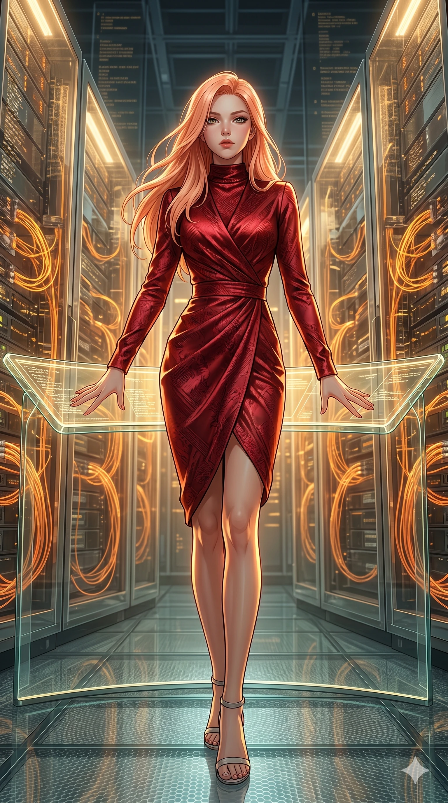 score_9, masterpiece, best quality, ultra-detailed, high-budget anime keyframe, editorial fashion photography, tasteful artistic composition, Japanese woman. low angle full-body shot from head to toe showing her feet, filling the entire 9:16 vertical frame with her statuesque presence, stretching her vertical silhouette. resting her hands on the glass, looking at the camera with an air of quiet self-assurance in a cyberpunk data hub filled with rows of pulsing orange fiber cables (Code-P18-058). She has an absolutely perfect 8-heads proportion, an exceptionally tall and slender female figure with impossibly long slender legs and an ultra-slim waist. V-shaped jawline, high-bridge nose, intricate jewel-like eyes with depth, thick eyelashes, glossy lips with a natural sheen. wearing a long-sleeved high-neck wrap dress in deep red satin. golden light emanating from the mineral veins, creating a dramatic chiaroscuro effect. 2k, ultra detail, master piece, 9:16 ratio