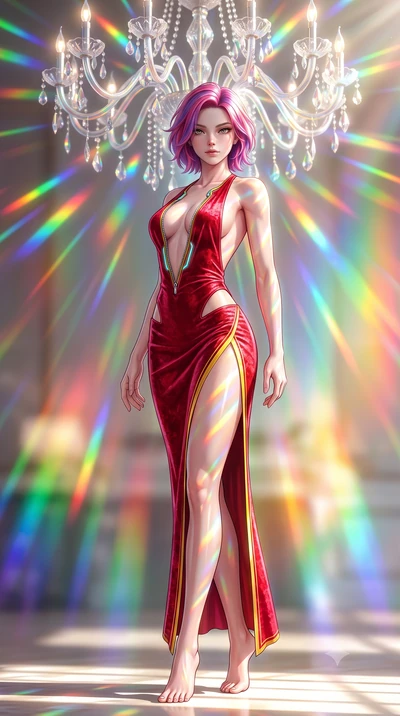 score_9, masterpiece, best quality, ultra-detailed, high-budget anime keyframe, semi-realistic 3D game render, editorial fashion photography, tasteful artistic composition, Caucasian woman. low angle full-body shot from head to toe showing her feet, 