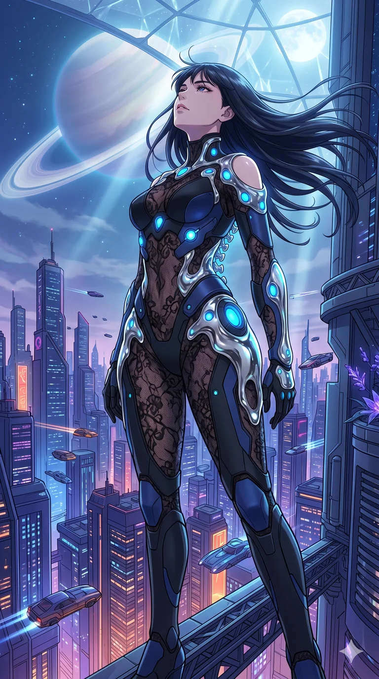 score_9, masterpiece, best quality, ultra-detailed, High-budget Anime Keyframe, vibrant colors, fluid line-art, expressive lighting, cinematic composition, Ufotable-style visual effects, top-tier animation quality, Japanese woman with delicate and elegant anime-inspired features. Low angle cowboy shot filling the entire 9:16 frame with her statuesque presence, looking up to emphasize her height. Standing atop a dizzying skyscraper overlooking a vast megalopolis of neon towers and flying vehicles, the wind whipping through her hair. She has an absolutely perfect 8-heads proportion, an exceptionally tall and slender female figure with impossibly long slender legs and an ultra-slim waist, her statuesque height and towering silhouette dominating the vertical 9:16 frame. Her face is a masterpiece featuring a sharp v-shaped jawline, high-bridge nose, intricate jewel-like eyes with depth, thick eyelashes, and glossy lips with a natural sheen. She is wearing a Sheer lace catsuit with strategically placed armor plating and glowing energy nodes crafted from Molten liquid mercury that flows and reflects the environment with metallic perfection, boasting shoulder cut-outs and a glowing spinal interface visible through the back. The scene is set in a mysterious alien planet with bioluminescent purple flora and a giant ringed planet in the sky, illuminated by ethereal moonlight filtering through a crystalline canopy, creating soft highlights. 2k, ultra detail, master piece, 9:16 ratio