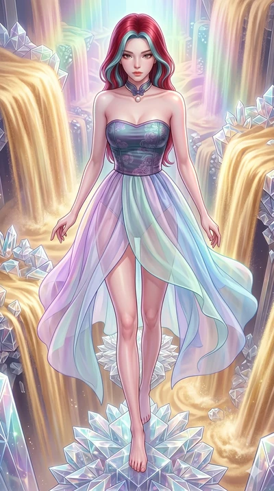 score_9, masterpiece, best quality, ultra-detailed, high-budget anime keyframe, Caucasian woman, strictly human ears. upper body close-up from the thighs up, character filling the screen for maximum presence. descending through a fractal quicksand te