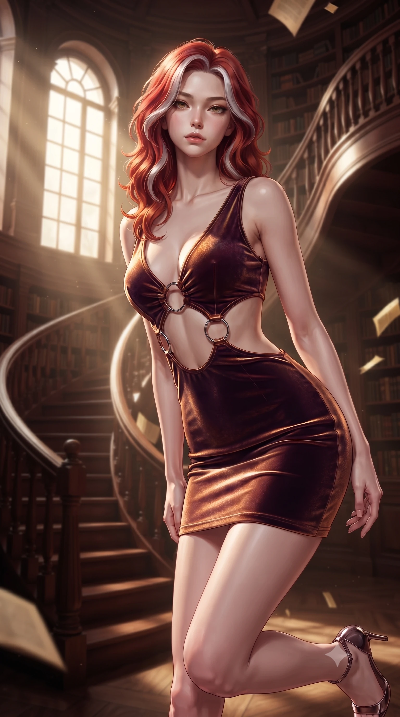 score_9, masterpiece, best quality, ultra-detailed, high-budget anime keyframe, editorial fashion photography, tasteful artistic composition, Caucasian woman. close-up cowboy shot from the waist and thighs up, the character dominates the composition, filling the frame with her large presence, background elements kept in soft focus. Leaning slightly forward with a composed, seductive gaze under soft glowing light standing on a carved mahogany spiral staircase in a grand multi-story library, sunbeams filtering through tall arched windows casting dusty golden rays. She has an exceptionally elegant, slender, and willowy female figure with an ultra-slim waist, a gracefully sculpted slender torso, and a refined silhouette. sharp v-shaped jawline, high-bridge nose, intricate jewel-like eyes with depth, thick eyelashes, glossy lips with a natural sheen. wearing a dramatic open-waist cutout mini dress framed by sculptural hardware in deep burgundy and bronze, made of premium stretch velvet with a rich sheen, accented with delicate chrome ring hardware framing her waist, the elegant draped fit framing her graceful clavicle and slender torso. bathed in warm dusty sunbeams and golden inner glow from floating pages. ultra-reflective glossy finish, specular highlights, metallic sheen, high-contrast stereoscopic depth, volumetric dynamic lighting, 2k, ultra detail, master piece, 9:16 ratio