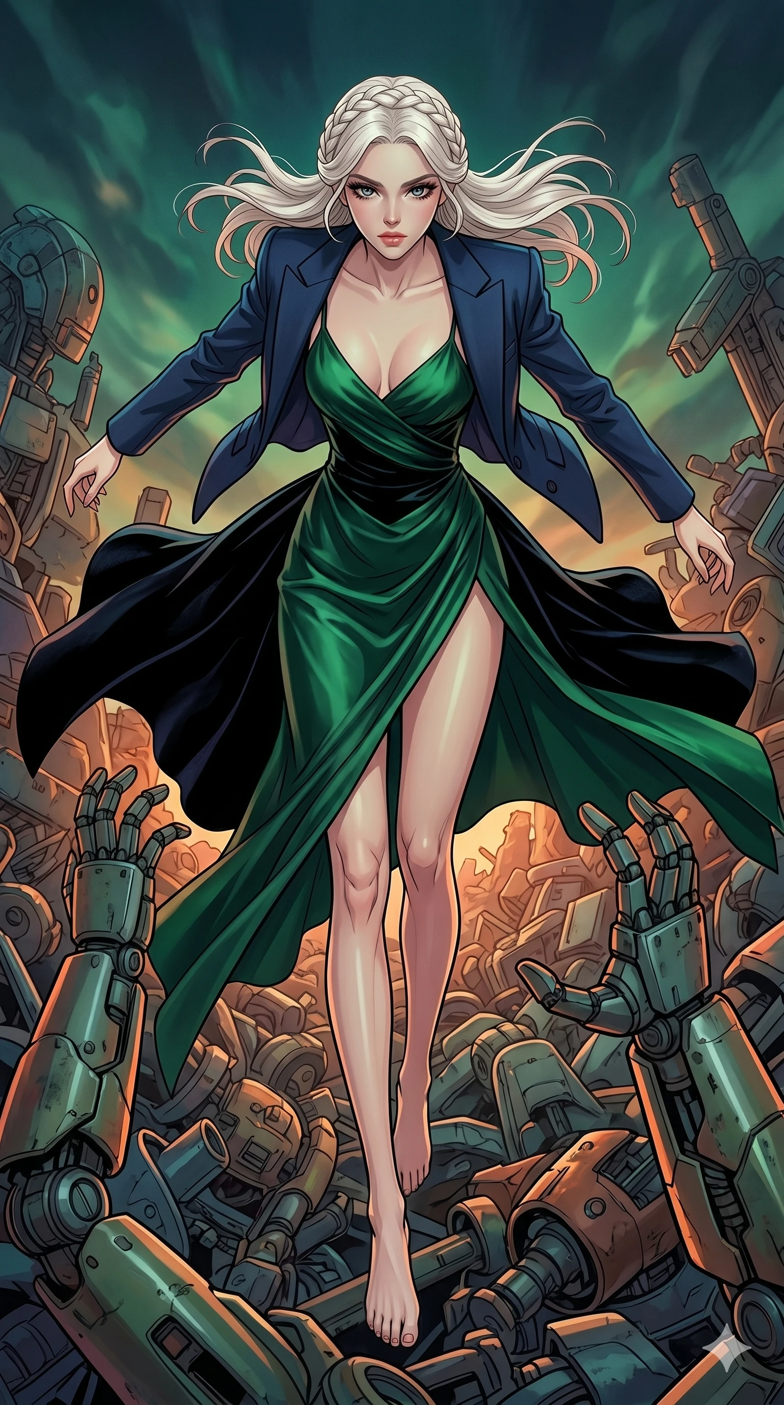score_9, masterpiece, best quality, ultra-detailed, high-budget anime movie keyframe, cinematic anime lighting, intricate line art, Caucasian (strictly human ears) woman. Extreme high angle shot as she leaps towards the camera, filling the frame. surveying a robotic junkyard where discarded machines reach out. She has an absolutely perfect 8-heads proportion, an exceptionally tall and slender female figure with an ultra-slim waist and impossibly long slender legs. strictly human anatomy, two legs only, no extra limbs, clearly defined legs and arms, perfect anatomy, perfect hands and fingers. sharp v-shaped jawline, high-bridge nose, intricate jewel-like eyes, thick eyelashes, glossy lips. Wearing High-Fashion Editorial: Silk slip dress with high side slit, backless velvet gown, and structured blazer with nothing underneath. The scene is illuminated by dramatic atmospheric lighting and vibrant color palettes. , 2k, ultra detail, master piece, 9:16 ratio
