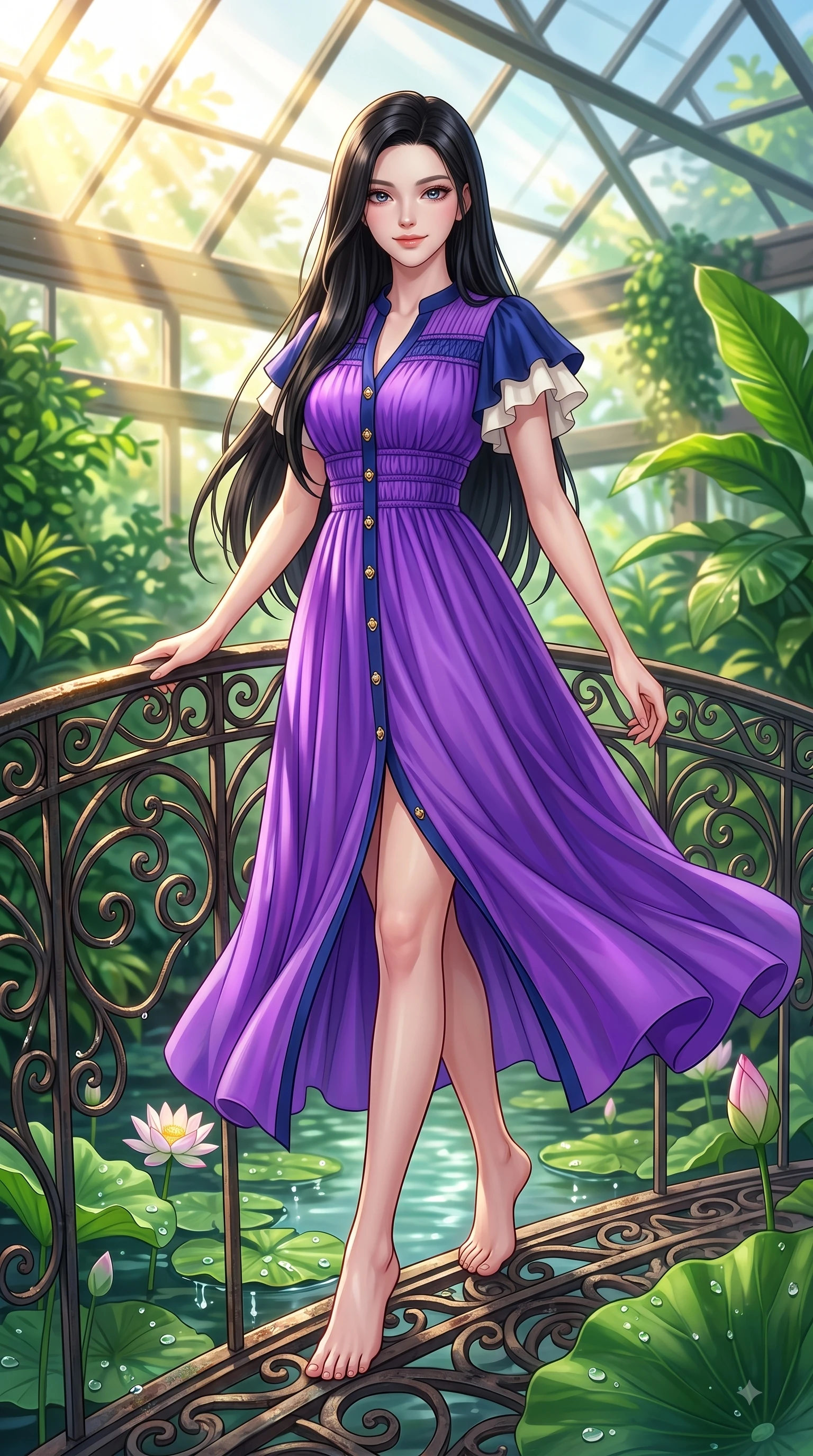 score_9, masterpiece, best quality, ultra-detailed, high-budget anime keyframe, editorial fashion photography, tasteful artistic composition, Korean woman. low angle full-body shot from head to toe showing her feet, filling the entire 9:16 vertical frame with her statuesque presence, stretching her vertical silhouette. Airy, translucent innocence with a soft subtle smile and a clear, pristine gaze into the lens while pivoting gracefully on a wrought-iron bridge over a lotus pond dripping with morning dew. The surrounding environment is rendered in vivid detail and crisp panoramic clarity. rich emerald green foliage and sunlit glass refractions captured with high environmental clarity. She has an absolutely perfect, statuesque 8.5-heads proportion, an exceptionally tall and slender model-like female figure with impossibly long slender legs and an ultra-slim waist. sharp v-shaped jawline, high-bridge nose, intricate jewel-like eyes with depth, thick eyelashes, glossy lips with a natural sheen, flawlessly proportioned anatomical accuracy, natural body alignment, perfectly sculpted elegant limbs, clean dynamic posture without body distortion. wearing a vivid violet chiffon gown with delicate smocked details and flutter sleeves in royal navy blue and pure ivory, made of premium stretch velvet with a rich glossy sheen, finished with gold metallic hardware buttons along the front, the chic fashion cut framing her graceful clavicle and slender torso. bathed in bright golden sunbeams streaming through glasshouse panes. highly saturated vibrant anime colors, detailed shading with soft gradients, rich glossy textures, high-contrast stereoscopic depth, volumetric dynamic lighting, master piece, 9:16 ratio