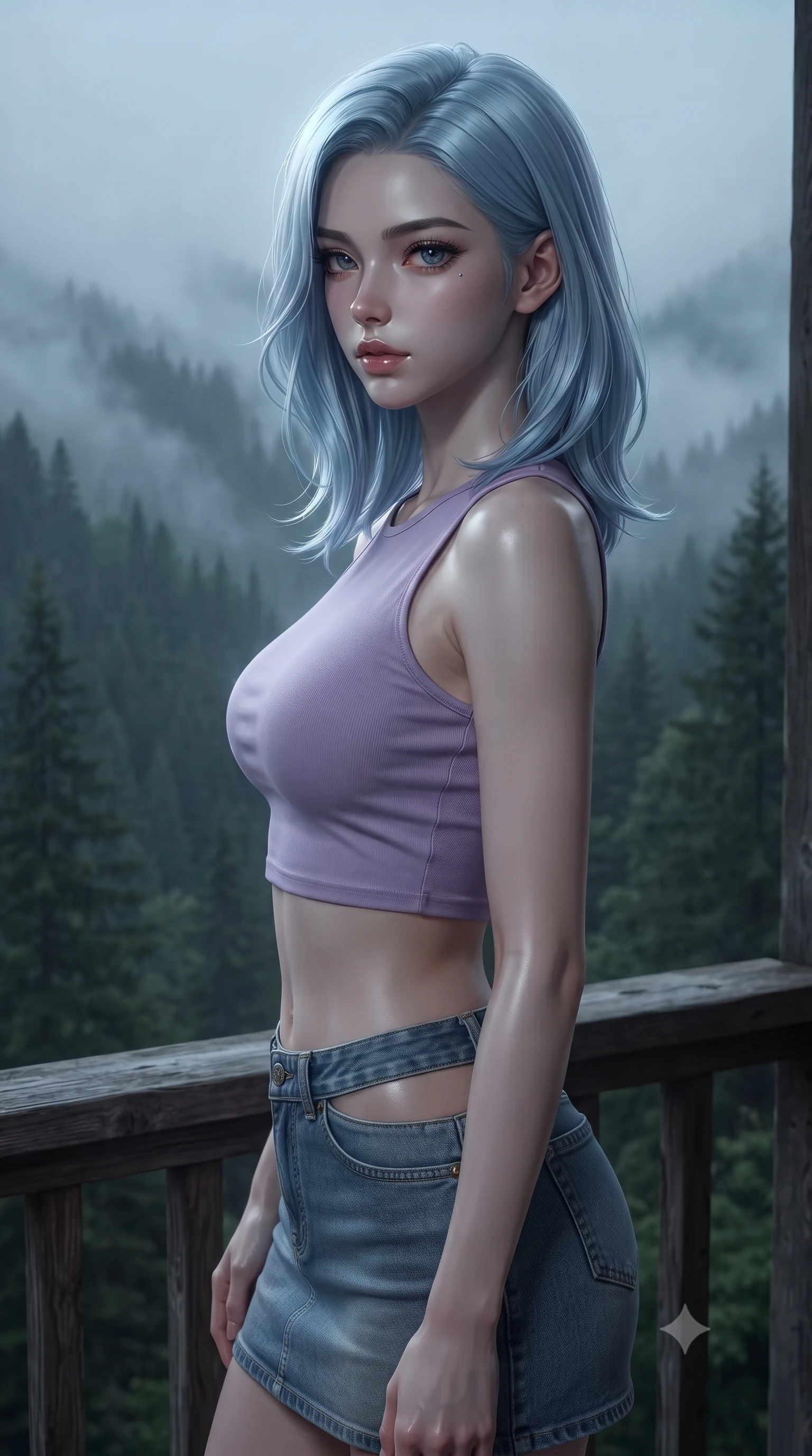 score_9, masterpiece, best quality, ultra-detailed, high-budget anime keyframe, editorial fashion photography, tasteful artistic composition, Korean woman woman. close-up cowboy shot from the waist and thighs up, the character dominates the composition, filling the frame with her large presence, background elements kept in soft focus. turning her face in sharp profile, casting a cold, mysterious, yet intensely alluring side gaze, the background shows a soft-focus a wooden balcony overlooking a deep pine forest valley under a heavy fog. She has an exceptionally elegant, slender, and willowy female figure with an ultra-slim waist, a gracefully sculpted slender torso, and a refined silhouette. sharp v-shaped jawline, high-bridge nose, intricate jewel-like eyes with depth, thick eyelashes, glossy lips with a natural sheen. wearing a form-contouring modern crop top in lavender cotton paired with a low-rise denim skirt and a subtle waist cut-out. soft diffused twilight light tracing her jawline with a cold silver rim light. ultra-reflective glossy finish, specular highlights, metallic sheen, high-contrast stereoscopic depth, volumetric dynamic lighting, 2k, ultra detail, master piece, 9:16 ratio