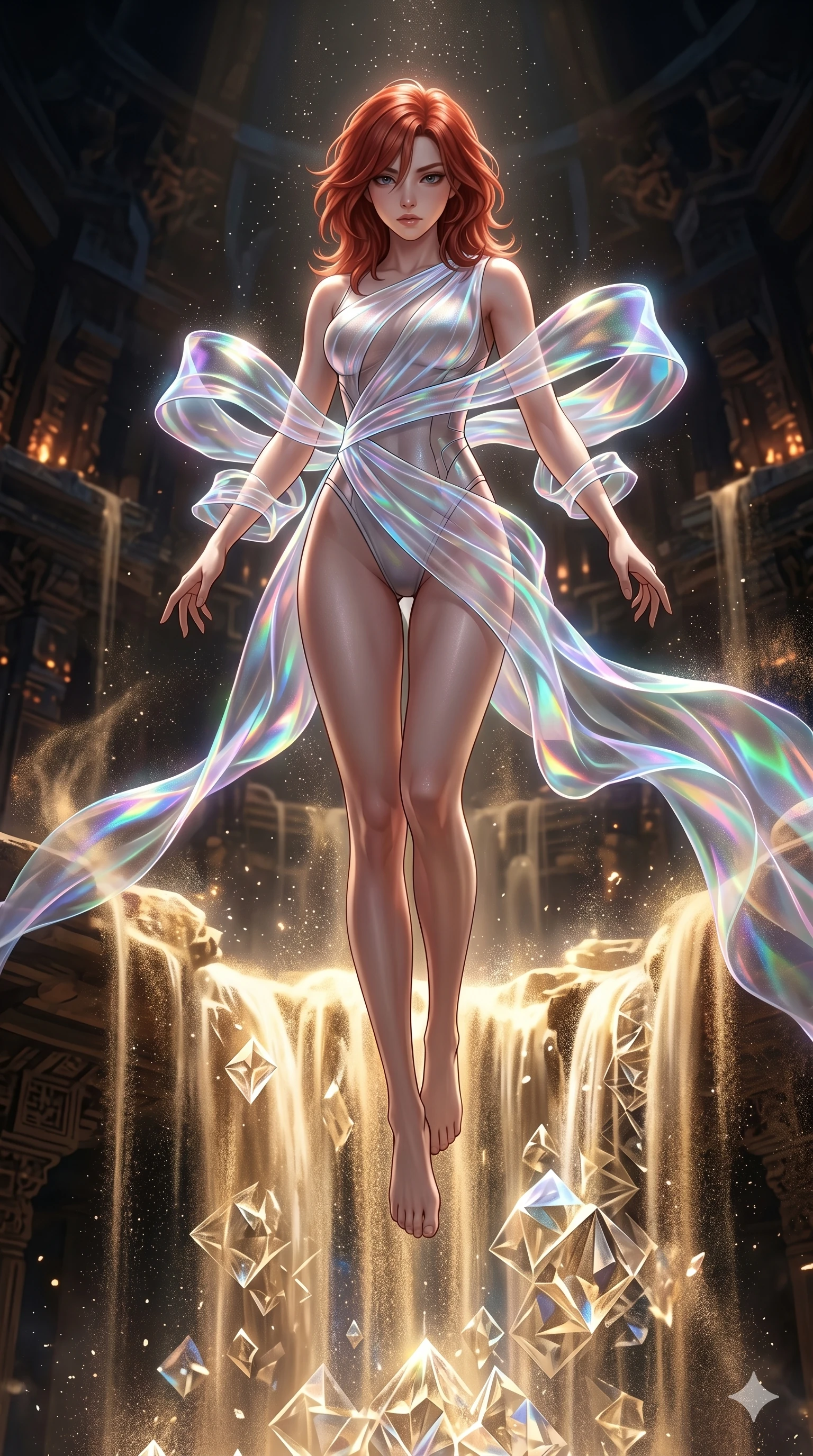 score_9, masterpiece, best quality, ultra-detailed, high-budget anime keyframe, Korean woman. low angle full-body shot filling the entire 9:16 frame with her statuesque presence, stretching the vertical silhouette. descending through a fractal quicksand temple where golden sand waterfalls transform into glass crystals, revealing intricate repeating patterns. She has an absolutely perfect 8-heads proportion, an exceptionally tall and slender female figure with impossibly long slender legs and an ultra-slim waist. V-shaped jawline, high-bridge nose, intricate jewel-like eyes with depth, thick eyelashes, glossy lips with a natural sheen.. wearing a cybernetic bodysuit with a holographic ribbon, featuring a skin-tight contouring bodysuit wrapped in a translucent flowing holographic organza ribbon. illuminated by dramatic chiaroscuro casting soft shadows along her curves, with vibrant backlighting highlighting the dust particles. 2k, ultra detail, master piece, 9:16 ratio