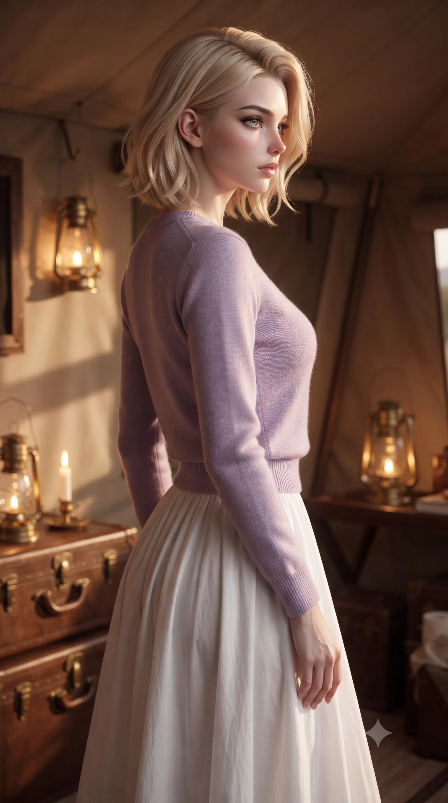 score_9, masterpiece, best quality, ultra-detailed, high-budget anime keyframe, editorial fashion photography, tasteful artistic composition, Caucasian woman. close-up cowboy shot from the waist and thighs up, the character dominates the composition, filling the frame with her large presence, background elements kept in soft focus. turning her face in sharp profile, casting a cold, mysterious, yet intensely alluring side gaze, the background shows a soft-focus a luxury safari-style tent with leather trunks and vintage brass lanterns. She has an exceptionally elegant, slender, and willowy female figure with an ultra-slim waist, a gracefully sculpted slender torso, and a refined silhouette. sharp v-shaped jawline, high-bridge nose, intricate jewel-like eyes with depth, thick eyelashes, glossy lips with a natural sheen. wearing a tailored soft lavender knit sweater paired with a flowy white cotton maxi skirt. warm candlelight casting dramatic shadows on the canvas walls. ultra-reflective glossy finish, specular highlights, metallic sheen, high-contrast stereoscopic depth, volumetric dynamic lighting, 2k, ultra detail, master piece, 9:16 ratio