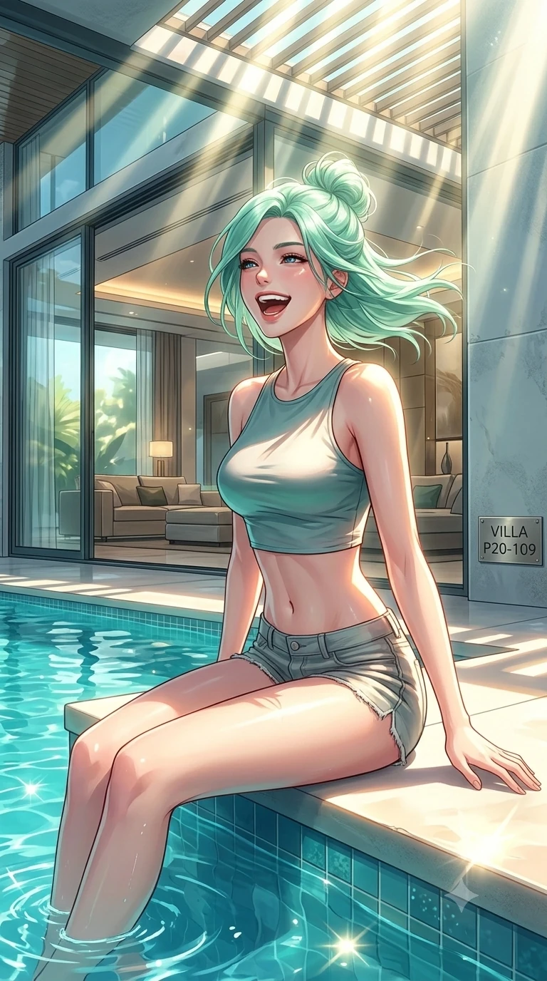 score_9, masterpiece, best quality, ultra-detailed, high-budget anime keyframe, vibrant anime aesthetic, Japanese woman. cowboy shot from the thighs up, character and outfit filling the frame for maximum presence. She is sitting by the resort pool, laughing wind-swept and happy in the morning rays inside a modern villa with large glass walls (Code-P20-109). She has an absolutely perfect 8-heads proportion, an exceptionally tall and slender female figure with impossibly long slender legs and an ultra-slim waist. V-shaped jawline, high-bridge nose, intricate jewel-like eyes with depth, thick eyelashes, glossy lips with a natural sheen. wearing a crop top showing bare midriff and micro-shorts. She is bathed in brilliant midday sunbeams, casting sharp highlights that outline her slim waist. 2k, ultra detail, master piece, 9:16 ratio