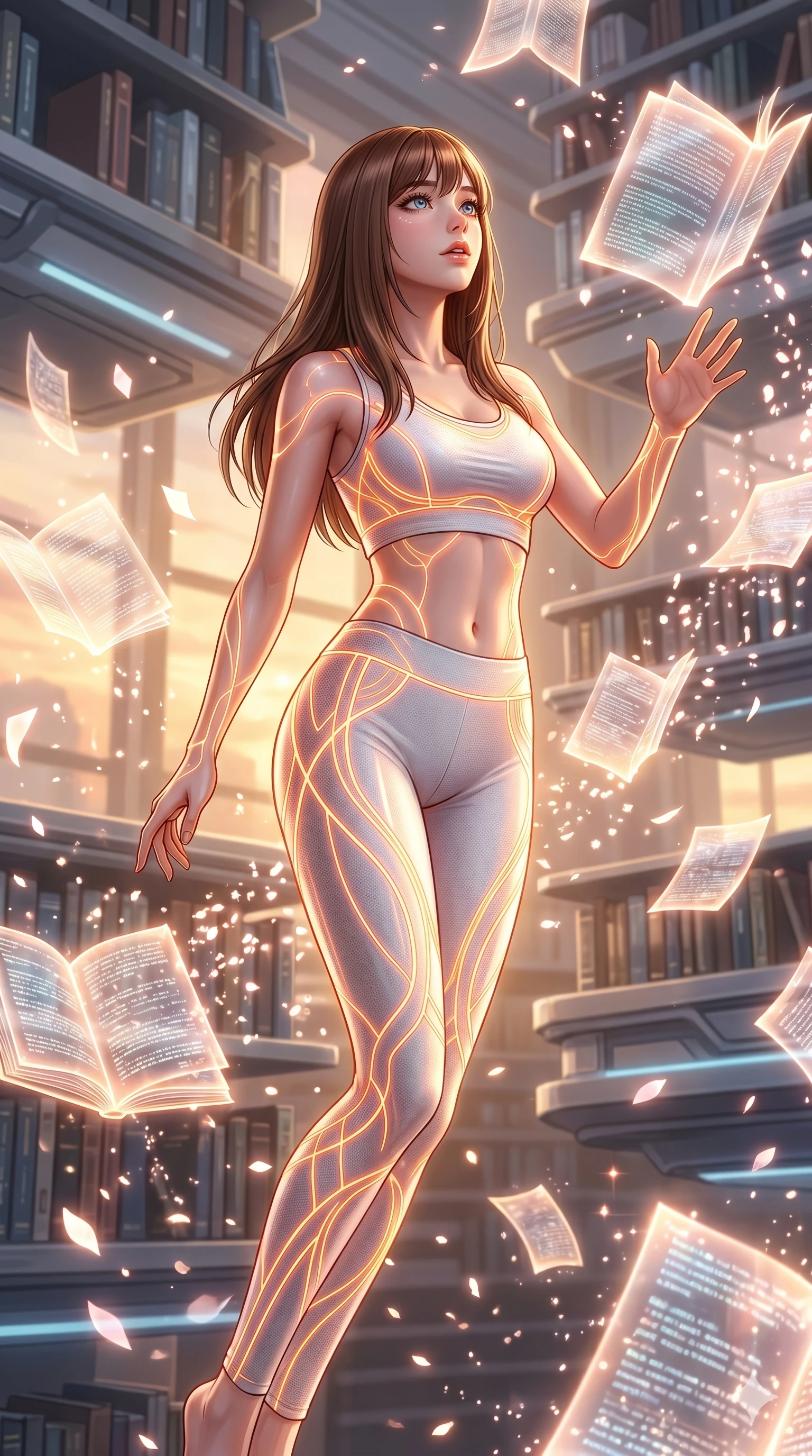 score_9, masterpiece, best quality, ultra-detailed, high-budget anime keyframe, editorial fashion photography, tasteful artistic composition, Korean woman. upper body close-up from the thighs up, character filling the screen for maximum presence. diving deep into inside a levitating library with glowing holographic book pages flying around as digital sakura petals blizzard and sparkle around her. She has an absolutely perfect 8-heads proportion, an exceptionally tall and slender female figure with impossibly long slender legs and an ultra-slim waist. V-shaped jawline, high-bridge nose, intricate jewel-like eyes with depth, thick eyelashes, glossy lips with a natural sheen.. wearing a neon filament activewear set, featuring a tight white crop top and matching leggings woven with glowing orange neon filaments highlighting her slender body contour. bathed in warm sunset rays that create a soft gold glow along her slender athletic build. 2k, ultra detail, master piece, 9:16 ratio
