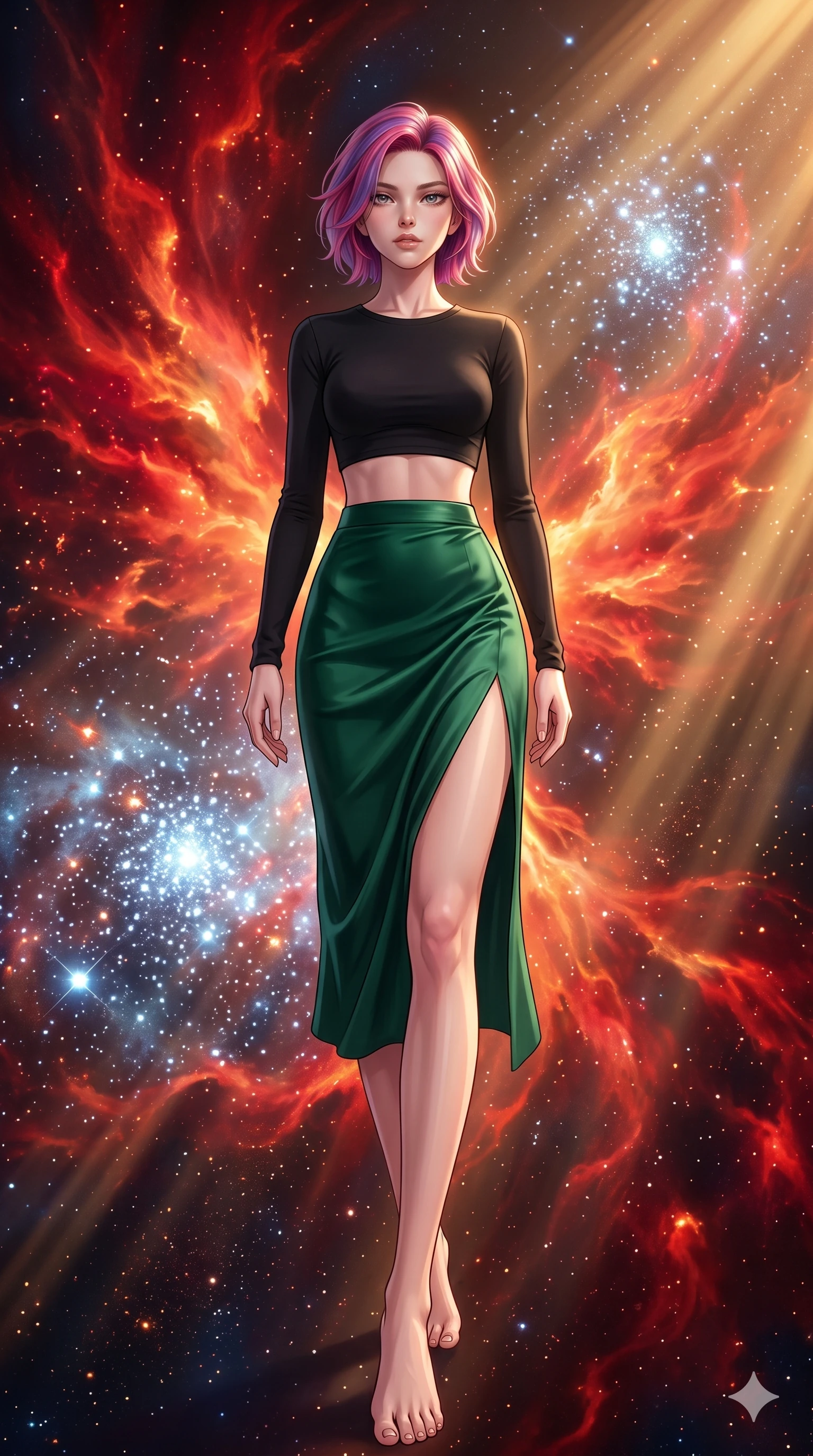 score_9, masterpiece, best quality, ultra-detailed, high-budget anime keyframe, editorial fashion photography, tasteful artistic composition, Caucasian woman, strictly human ears. low angle full-body shot from head to toe showing her feet, filling the entire 9:16 vertical frame with her statuesque presence, stretching her vertical silhouette. striding with confident determination through inside a spectacular nebula naturally shaped like a cosmic phoenix where dying red giant stars shed their outer layers in explosive color birthing brilliant new blue-white stars in cascading chain reactions. She has a statuesque 8.5-heads proportion, an exceptionally tall, slender and willowy model-like build with impossibly long legs and a highly sculpted ultra-slim waist. sharp v-shaped jawline, high-bridge nose, intricate jewel-like eyes with depth, thick eyelashes, glossy lips with a natural sheen. wearing a black long-sleeve crop top paired with a high-waisted silk midi skirt in emerald green with a thigh-high side slit. golden hour sunlight streaming in warm shafts with floating dust particles catching the light. 2k, ultra detail, master piece, 9:16 ratio