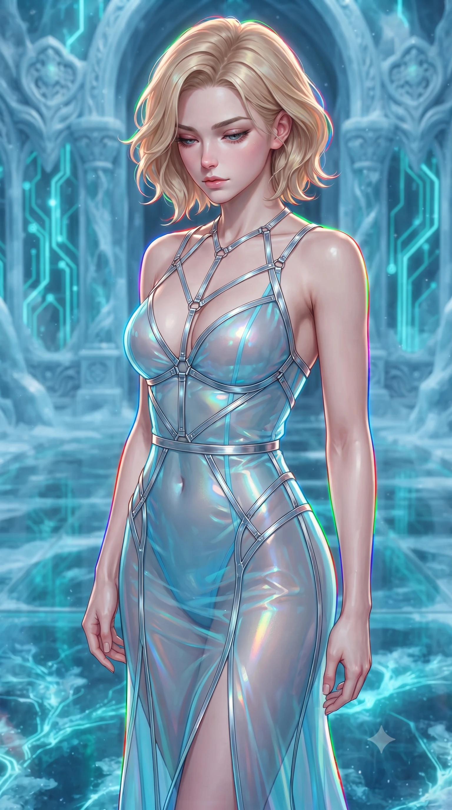 score_9, masterpiece, best quality, ultra-detailed, high-budget anime keyframe, editorial fashion photography, tasteful artistic composition, Caucasian woman. close-up cowboy shot from the waist and thighs up, the character dominates the composition, filling the frame with her large presence, background elements kept in soft focus. Looking down with lowered lashes and a composed, powerful aura, navigating a sub-zero crystal palace filled with glowing cyan circuit lines trapped in ice, translucent ice floor revealing frozen bioluminescent patterns below. She has an exceptionally elegant, slender, and willowy female figure with an ultra-slim waist, a gracefully sculpted slender torso, and a refined silhouette. sharp v-shaped jawline, high-bridge nose, intricate jewel-like eyes with depth, thick eyelashes, glossy lips with a natural sheen. wearing second-skin iridescent hologram organza bodycon maxi dress in sky blue turquoise, made of sheer opal chiffon overlay, highlighted by a platinum metallic harness structure, following her slender form with tailored precision. surrounded by a freezing polar aura with sharp rainbow edge lights. highly saturated vibrant anime colors, detailed shading with soft gradients, rich glossy textures, high-contrast stereoscopic depth, volumetric dynamic lighting, master piece, 9:16 ratio
