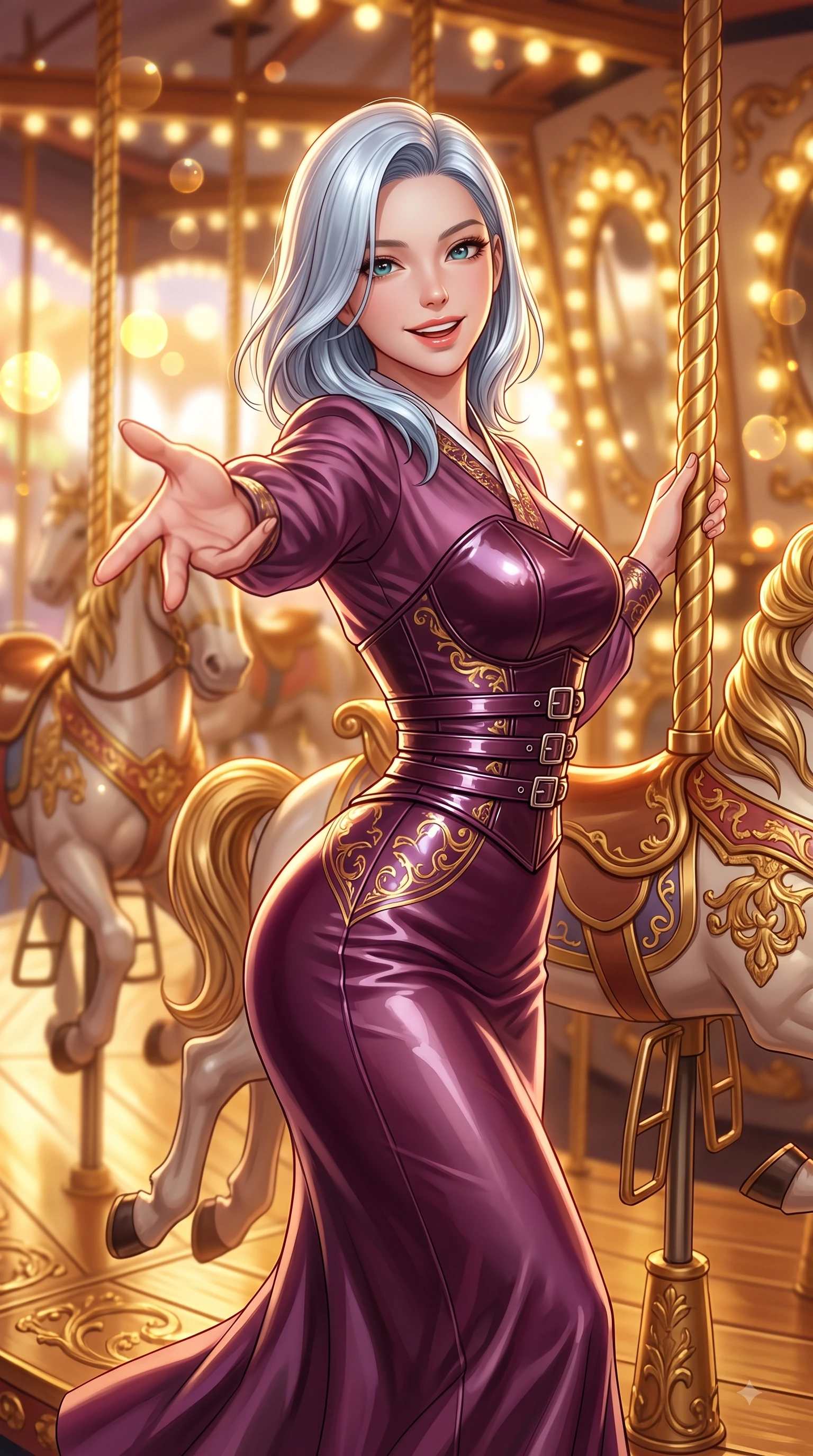score_9, masterpiece, best quality, ultra-detailed, high-budget anime keyframe, editorial fashion photography, tasteful artistic composition, Korean woman. close-up cowboy shot from the waist and thighs up, the character dominates the composition, filling the frame with her large presence, background elements kept in soft focus. Gazing directly into the camera with a joyful, infectious smile as her torso curves dynamically in mid-stride while reaching one arm out playfully toward the camera while spinning on a golden carousel deck, ornate carved carousel horses with gold-leaf trim reflecting bright amber highlights. She has an exceptionally elegant, slender, and willowy female figure with an ultra-slim waist, a gracefully sculpted slender torso, and a refined silhouette. sharp v-shaped jawline, high-bridge nose, intricate jewel-like eyes with depth, thick eyelashes, glossy lips with a natural sheen, flawlessly proportioned anatomical accuracy, natural body alignment, perfectly sculpted elegant limbs, clean dynamic posture without body distortion. wearing a modern fusion silk hanbok dress with a structured bodice and flowing skirt in plum purple and gold filigree, tailored from high-gloss patent leather, detailed with polished silver buckles along the waistline, the form-contouring material highlighting her ultra-slim waist and long lines. illuminated by cheerful festive backlighting with soft golden bokeh bubbles. highly saturated vibrant anime colors, detailed shading with soft gradients, rich glossy textures, high-contrast stereoscopic depth, volumetric dynamic lighting, master piece, 9:16 ratio
