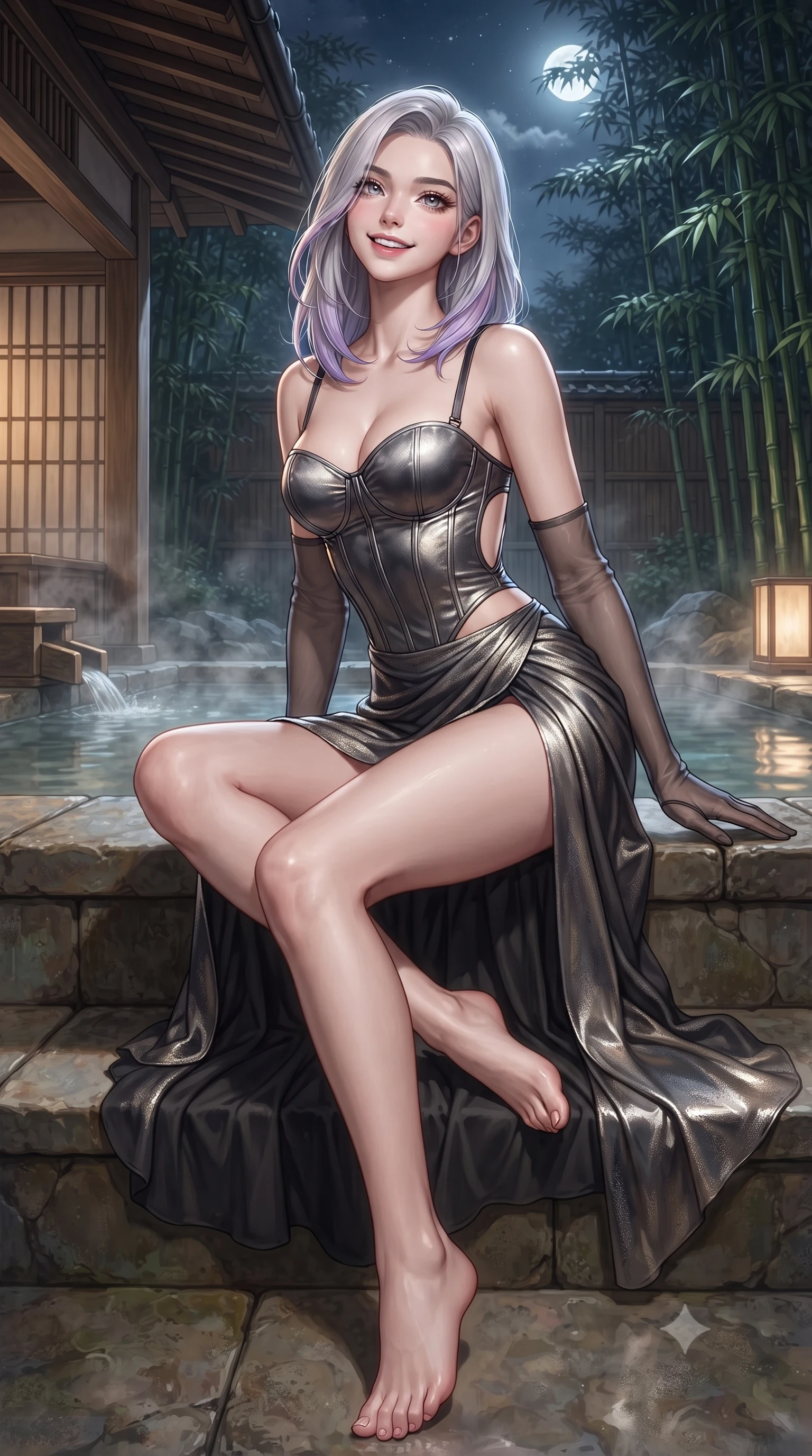 score_9, masterpiece, best quality, ultra-detailed, high-budget anime keyframe, editorial fashion photography, tasteful artistic composition, Caucasian woman. low angle full-body shot from head to toe showing her feet, filling the entire 9:16 vertical frame with her statuesque presence, stretching her vertical silhouette. sitting poised on the stone steps with one knee bent, arching her spine with supermodel elegance as she glances upward through thick eyelashes while standing poised on the edge of the steaming fragrant cypress hinoki bath, arching her spine with wet-look siren grace under the moonlit bamboo. The surrounding environment is rendered in vivid detail and crisp panoramic clarity: detailed backless silk robe dress cling slipping off shoulders, obi belt texture, and master ryokan woodcraft in razor-sharp precision. She has an exceptionally tall and slender model-like 8.5-heads proportion, an ultra-slim waist, a flat toned midriff, narrow delicate ribcage, and beautifully sculpted feminine hips creating a graceful, slim hourglass silhouette without any bulky heaviness, with impossibly long slender legs. sharp v-shaped jawline, high-bridge nose, intricate jewel-like sparkling eyes with depth, thick eyelashes, glossy parted lips with a natural peach sheen, bright cheerful beaming smile with an enchanting and coquettish sensual glint, exuding both youthful cute charm and seductive allure, flawlessly proportioned anatomical accuracy, strict slender model proportions, natural body alignment, perfectly sculpted long slender limbs, ultra-slim waistline, clean dynamic posture without body distortion. wearing a structured satin corset bustier paired with a draped high-slit wrap chiffon maxi skirt revealing her long slender legs in smoky charcoal noir and reflective metallic platinum, woven from stretch shimmer crepe adhering with glove-like precision, complemented by sheer opera-length evening gloves tracing her slender arms, the precision-cut side openings and low-back scoop framing her graceful spine and the sensual sweep of her slim, toned hips. illuminated by thermal pool surface caustics and sharp pearlescent rim lights sculpting her razor-sharp jawline, narrow waist, and curvy hips. ultra-reflective glossy finish, specular highlights, rich textural contrasts, high-contrast stereoscopic depth, volumetric dynamic lighting, 2k, ultra detail, master piece, 9:16 ratio