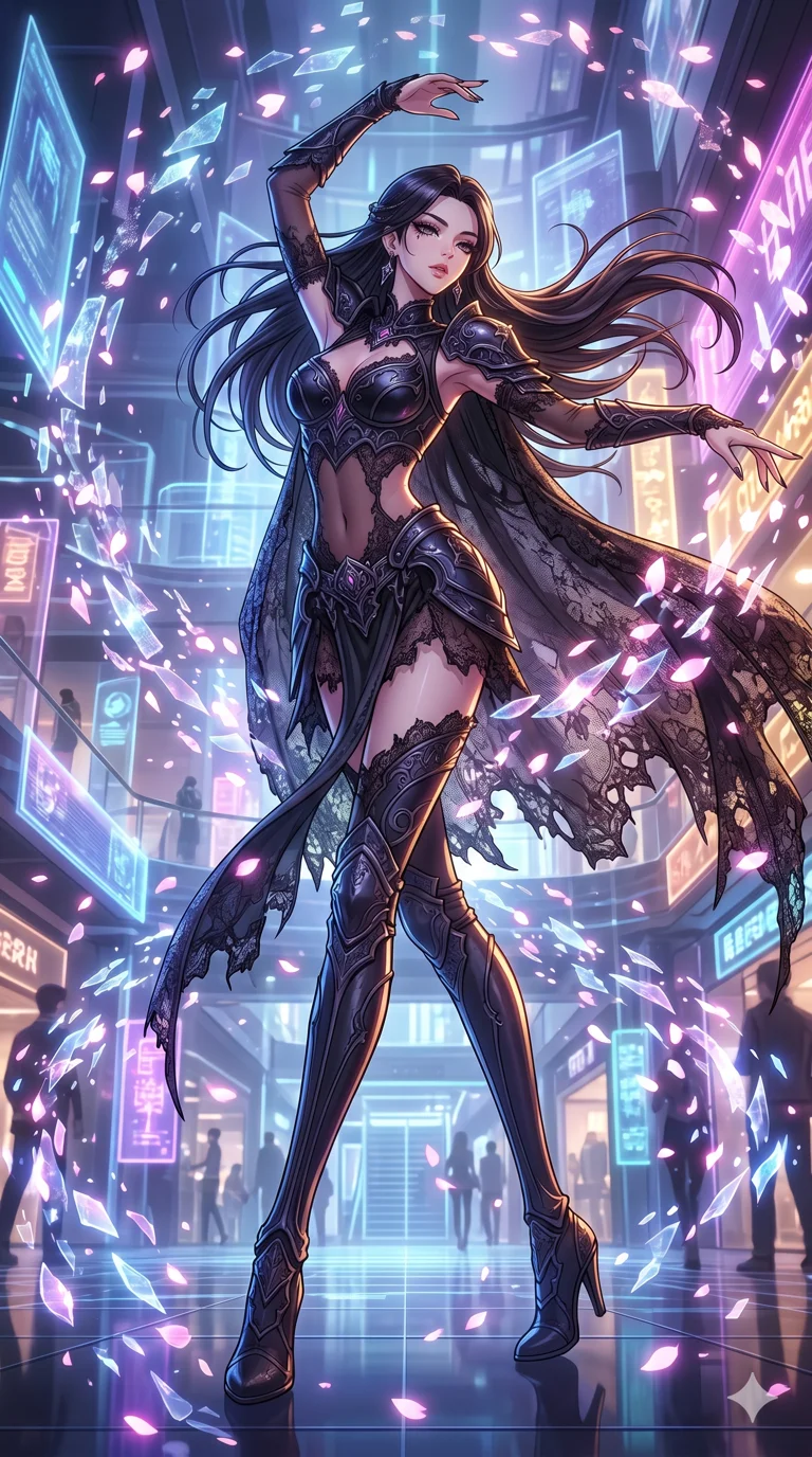 score_9, masterpiece, best quality, ultra-detailed, high-budget anime movie keyframe, cinematic anime lighting, intricate line art, Korean anime girl. Dynamic full-body shot stretching the vertical silhouette across the 9:16 frame. dancing with data-shards in a holographic shopping mall with digital sakura petals. She has an absolutely perfect 8-heads proportion, an exceptionally tall and slender female figure with an ultra-slim waist and impossibly long slender legs. sharp v-shaped jawline, high-bridge nose, intricate jewel-like eyes, thick eyelashes, glossy lips. Wearing dark fantasy gothic leather armor with ornate obsidian plates, a tattered lace cape, and sheer mesh cut-outs at the midriff, exuding a mysterious allure. The scene is illuminated by dramatic atmospheric lighting and vibrant color palettes. 2k, ultra detail, master piece, 9:16 ratio