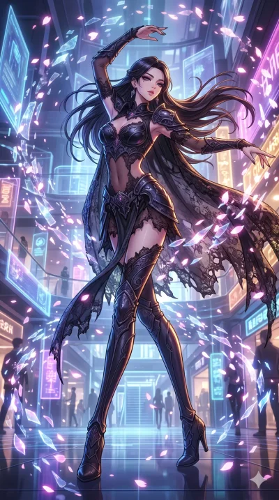 score_9, masterpiece, best quality, ultra-detailed, high-budget anime movie keyframe, cinematic anime lighting, intricate line art, Korean anime girl. Dynamic full-body shot stretching the vertical silhouette across the 9:16 frame. dancing with data-