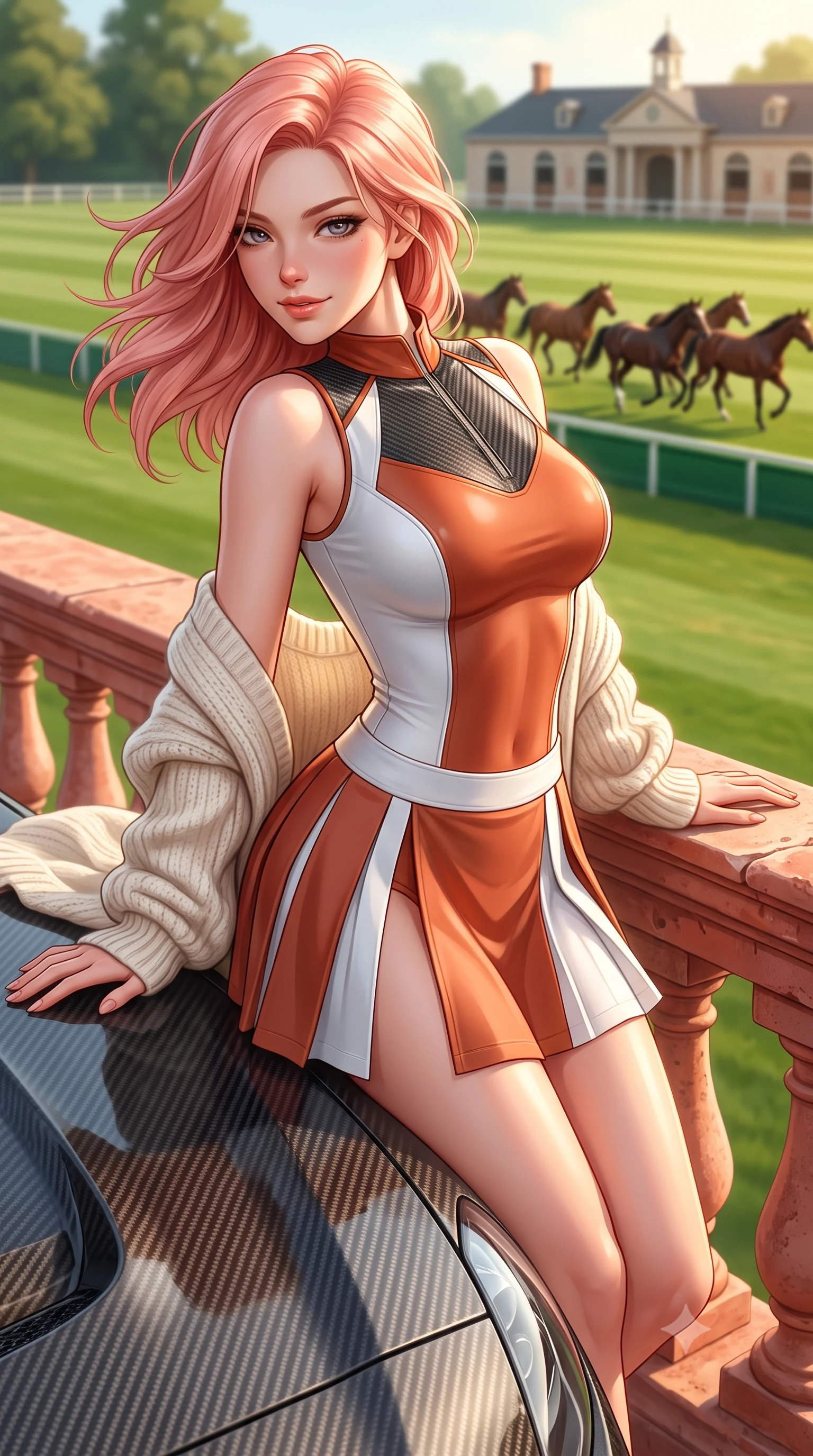 score_9, masterpiece, best quality, ultra-detailed, high-budget anime keyframe, semi-realistic 3D game render, editorial fashion photography, tasteful artistic composition, Japanese woman. close-up cowboy shot from the waist and thighs up, the character dominates the composition, filling the frame with her large presence. leaning forward over the carbon car hood while arching her lower back to accentuate her curvy hips, looking into the camera with a confident smoldering smile and bedroom-eyes while sitting perched on the coral stone balustrade of the polo pavilion, arching her back with a radiant sun-kissed smile overlooking green polo fields. The background shows a soft-focus thoroughbred horses trotting along green exercise tracks softened in aristocratic equestrian shallow focus. She has an exceptionally elegant, slender, and willowy female figure with an ultra-slim waist, flat toned midriff, narrow ribcage, and sculpted feminine hips creating an alluring, slim hourglass silhouette without bulk. sharp v-shaped jawline, high-bridge nose, sparkling eyes with athletic focus and depth, thick curled eyelashes, glossy parted lips with a natural coral-peach sheen, bright confident and coquettish smile with alluring bedroom-eyes, exuding both youthful sporty vigor and sovereign high-society glamour, flawlessly proportioned anatomical accuracy, strict slender model proportions, natural body alignment, perfectly sculpted long slender limbs, ultra-slim waistline, clean dynamic posture without body distortion. wearing a sleeveless high-collar racing bodysuit with carbon-fiber chestplate accents and a pleated wrap tennis skirt with side hip slit in classic clay-court terracotta and cloud white, made of smooth liquid-tight stretch jersey emphasizing every curve of her body, complemented by an oversized cashmere knit cardigan slipping off one bare shoulder, the liquid-tight tailored fabric clinging flawlessly to her narrow waist and rounded feminine hips, emphasizing every millimeter of her sculpted slim hourglass curves without any bulky heaviness. illuminated by green lawn bounce fill and sharp warm-gold rim lights defining her sculpted collarbones, ultra-slim waist, and curvy hips. highly saturated vibrant anime colors, detailed shading with soft gradients, rich glossy textures, high-contrast stereoscopic depth, volumetric dynamic lighting, master piece, 9:16 ratio