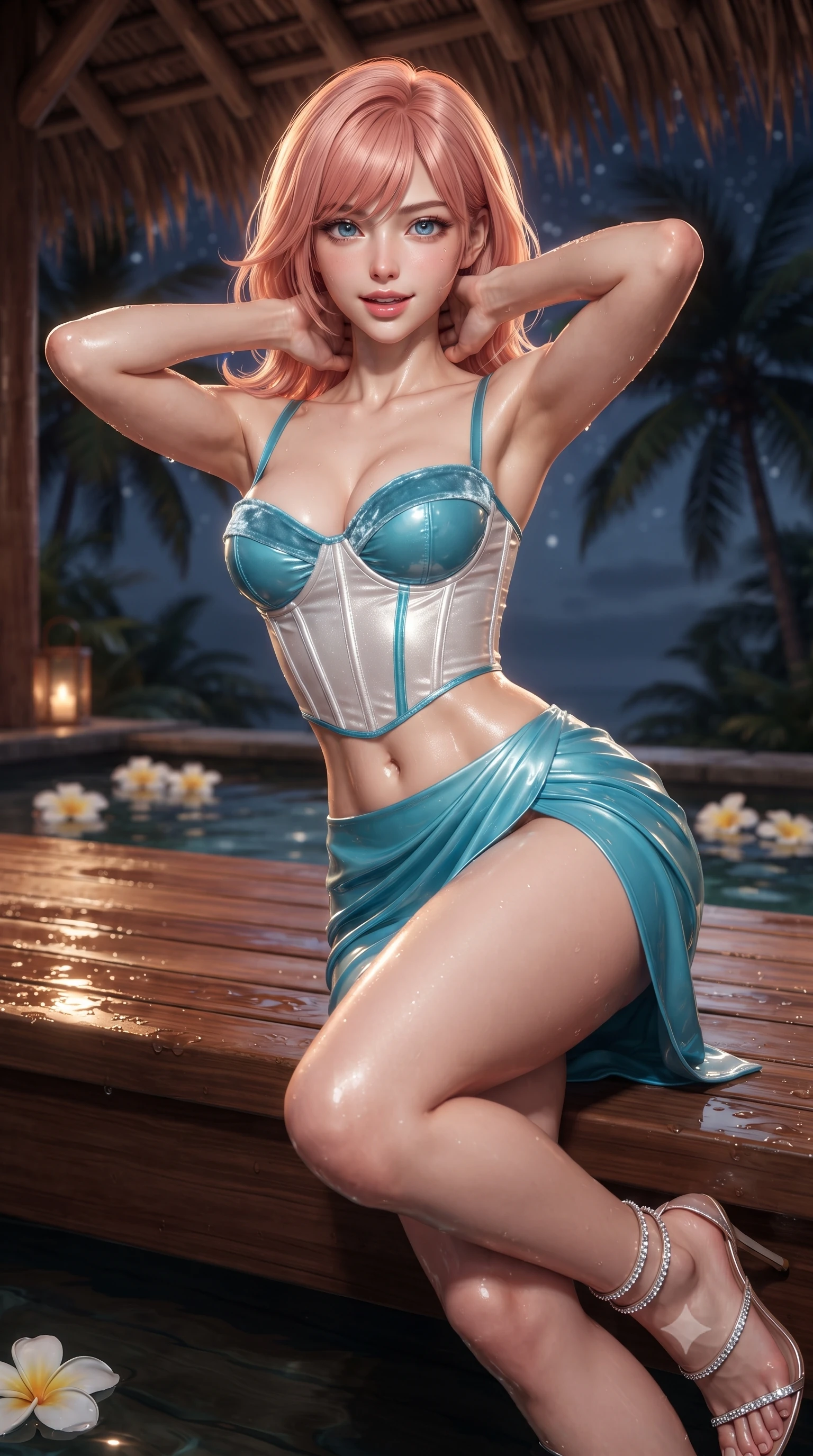 score_9, masterpiece, best quality, ultra-detailed, high-budget anime keyframe, editorial fashion photography, tasteful artistic composition, Japanese woman. close-up cowboy shot from the waist and thighs up, the character dominates the composition, filling the frame with her large presence. resting both hands lightly behind her neck with elbows raised, arching her spine to highlight her narrow waist, flat midriff, and breathtaking collarbones while lounging gracefully on the wet teak massage platform propped on one hand, her statuesque 8.5-heads silhouette exuding serene tropical indulgence. The background shows a soft-focus thatched coconut palm leaf roof rafters, floating frangipani flowers on water, and dark palm trees swaying against stars blurred into rose, amber, and charcoal bokeh. She has an exceptionally elegant, slender, and willowy female figure with an ultra-slim waist, flat toned midriff, narrow ribcage, and sculpted feminine hips creating an alluring, slim hourglass silhouette without bulk. sharp v-shaped jawline, high-bridge nose, sparkling eyes with hypnotic seductive depth, thick curled eyelashes, glossy parted lips with a natural dewy peach sheen, alluring bedroom-eyes with an enchanting coquettish smile, exuding magnetic siren charisma and sophisticated glamour, flawlessly proportioned anatomical accuracy, strict slender model proportions, natural body alignment, perfectly sculpted long slender limbs, ultra-slim waistline, clean dynamic posture without body distortion. wearing a structured boned satin corset bodice with crushed velvet piping paired with a draped tulip mini skirt in Maldives ocean cyan and shimmering pearl white, crafted from wet-look high-gloss vinyl fabric with dazzling specular surface reflections, complemented by strappy stiletto sandals with crystal ankle wraps accentuating her slender calves, the high-slit wrap tailoring accentuating her ultra-slim waistline and the enchanting curve of her feminine hips with alluring seductive charm. illuminated by water surface specular highlights and sharp warm-gold rim lights defining her delicate clavicles, ultra-slim waist, and curvy hips. ultra-reflective glossy finish, specular highlights, rich textural contrasts, high-contrast stereoscopic depth, volumetric dynamic lighting, 2k, ultra detail, master piece, 9:16 ratio
