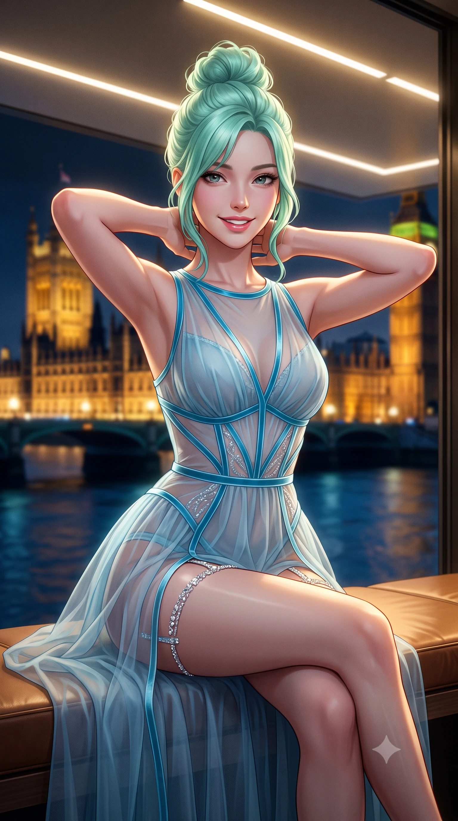 score_9, masterpiece, best quality, ultra-detailed, high-budget anime keyframe, semi-realistic 3D game render, editorial fashion photography, tasteful artistic composition, Japanese woman. close-up cowboy shot from the waist and thighs up, the character dominates the composition, filling the frame with her large presence. resting both hands lightly behind her neck with elbows raised, arching her spine to highlight her narrow waist, flat midriff, and breathtaking collarbones while sitting perched on the cantilevered leather window banquette with one knee bent, flashing a radiant, parted-lip smile toward the lens. The background shows a soft-focus linear ceiling LED strips softened in ultra-modern London riverfront aerie shallow focus. She has an exceptionally elegant, slender, and willowy female figure with an ultra-slim waist, flat toned midriff, narrow ribcage, and sculpted feminine hips creating an alluring, slim hourglass silhouette without bulk. sharp v-shaped jawline, high-bridge nose, intricate jewel-like sparkling eyes with depth, thick eyelashes, glossy parted lips with a natural peach sheen, bright cheerful beaming smile with an enchanting and coquettish sensual glint, exuding both youthful cute charm and seductive allure, flawlessly proportioned anatomical accuracy, strict slender model proportions, natural body alignment, perfectly sculpted long slender limbs, ultra-slim waistline, clean dynamic posture without body distortion. wearing a provocative semi-sheer icy blue tulle cocktail dress with velvet ribbon piping contouring her narrow waist and hips in Capri Grotta cyan and radiant moonlit silver, made of sheer gossamer chiffon that drapes softly against skin with airy translucence, finished with delicate crystal-encrusted thigh garter straps glinting in the dim light, the second-skin tailored fabric adhering flawlessly to her sculpted flat midriff and slender torso, emphasizing her long leg lines and perfectly proportioned willowy build. bathed in the breathtaking contrast of golden Westminster architectural floodlights and cool blue river ambient. highly saturated vibrant anime colors, detailed shading with soft gradients, rich glossy textures, high-contrast stereoscopic depth, volumetric dynamic lighting, master piece, 9:16 ratio