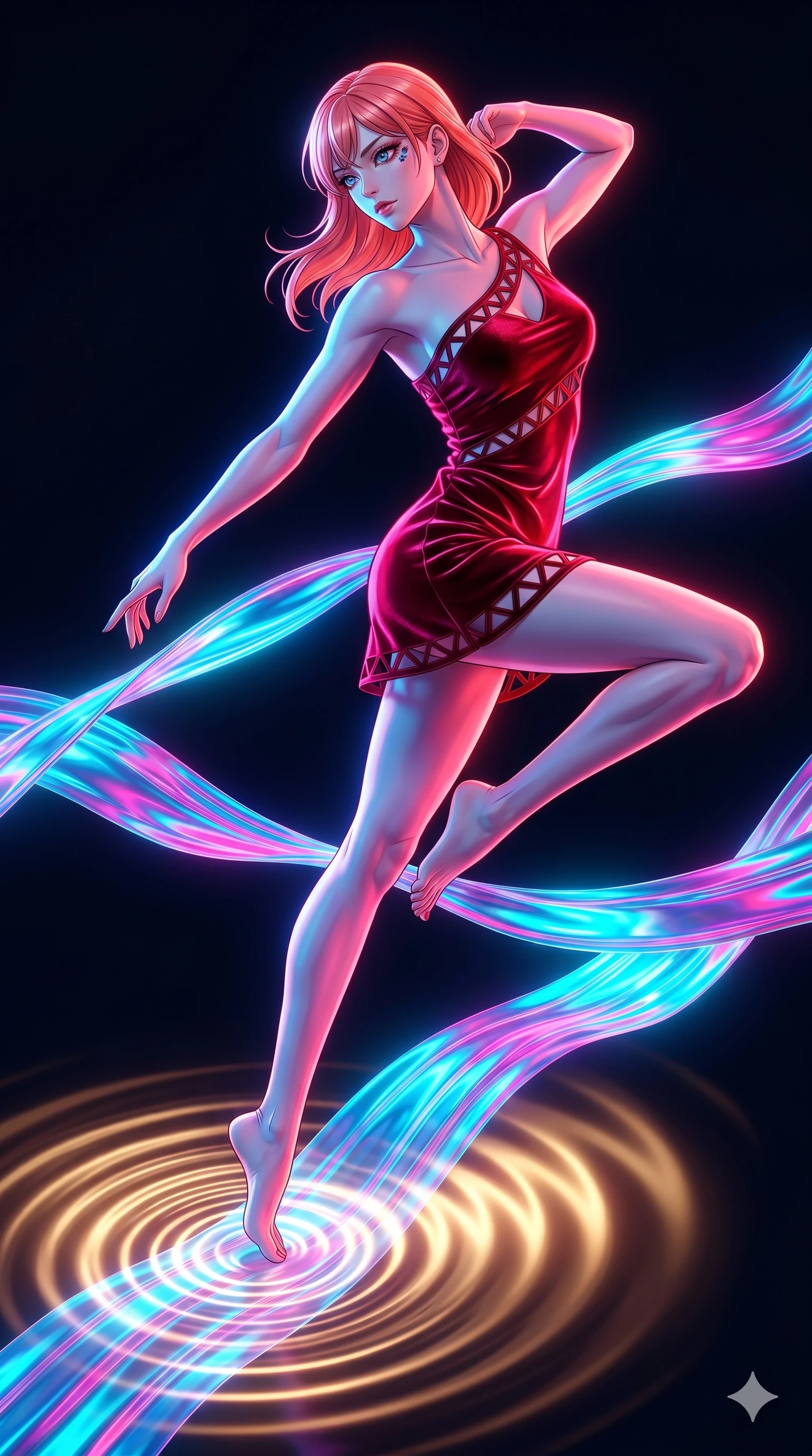 score_9, masterpiece, best quality, ultra-detailed, high-budget anime keyframe, editorial fashion photography, tasteful artistic composition, Japanese woman. upper body close-up from the thighs up, character filling the screen for maximum presence. leaping upwards into on holographic fluid ribbons of sound that ripple with cyan and magenta light in a dark virtual void as waves of warm golden light ripple outward from her steps. She has an absolutely perfect 8-heads proportion, an exceptionally tall and slender female figure with impossibly long slender legs and an ultra-slim waist. V-shaped jawline, high-bridge nose, intricate jewel-like eyes with depth, thick eyelashes, glossy lips with a natural sheen.. wearing an asymmetric liquid velvet slip dress, featuring a high-gloss deep crimson red velvet one-shoulder mini slip with asymmetric geometric cutout trim. lit by high-contrast neon strobes that carve out her dynamic posture and V-shaped jawline. 2k, ultra detail, master piece, 9:16 ratio