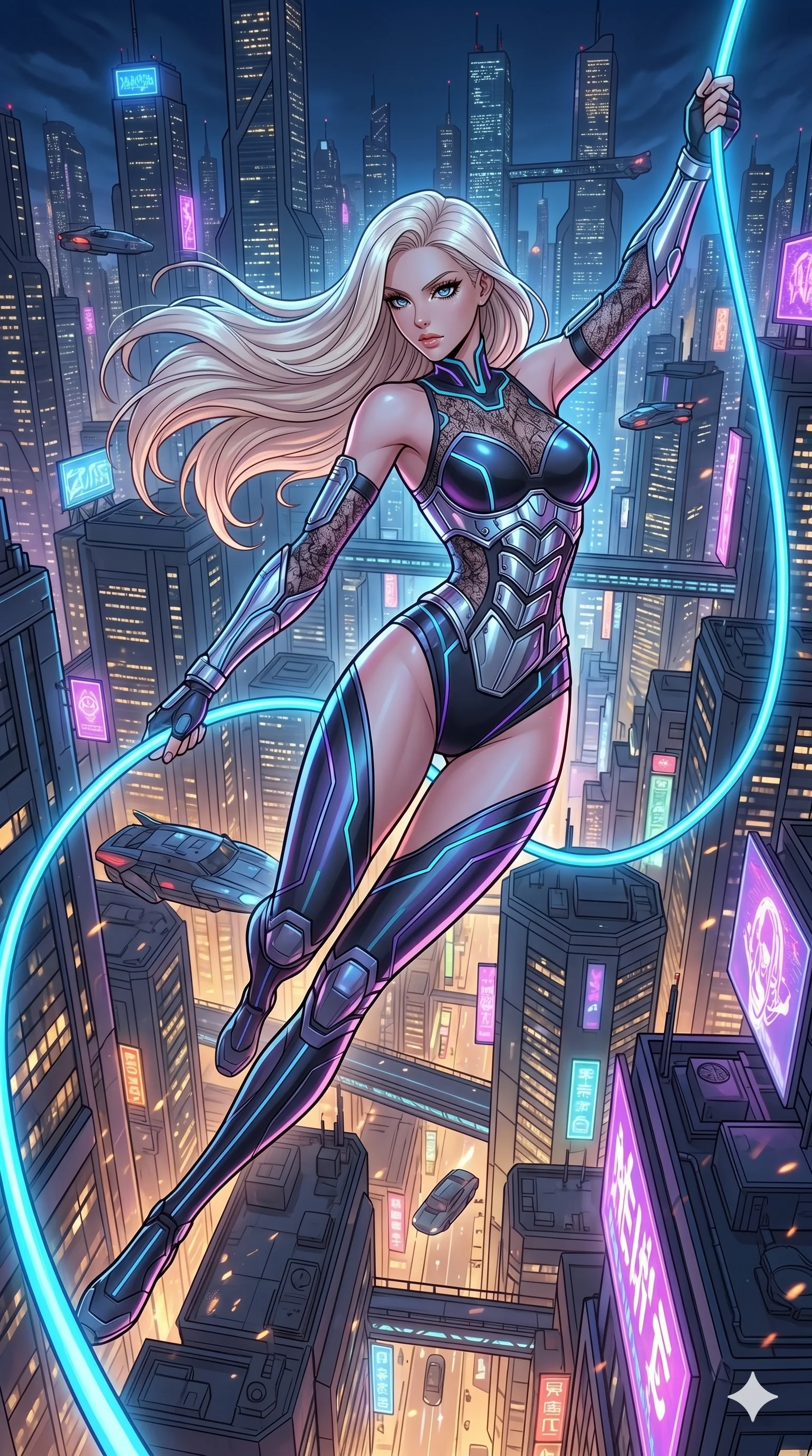 score_9, masterpiece, best quality, ultra-detailed, high-budget anime movie keyframe, cinematic anime lighting, intricate line art, Caucasian (strictly human ears) woman. Low angle cowboy shot capturing a powerful motion and statuesque presence. swinging from a neon cable high above a sprawling mega-city. She has an absolutely perfect 8-heads proportion, an exceptionally tall and slender female figure with an ultra-slim waist and impossibly long slender legs. strictly human anatomy, two legs only, no extra limbs, clearly defined legs and arms, perfect anatomy, perfect hands and fingers. sharp v-shaped jawline, high-bridge nose, intricate jewel-like eyes, thick eyelashes, glossy lips. Wearing Cyber-Tech Legacy: Asymmetrical high-cut tech-bodysuit with detached sleeves and chrome-plated corset over sheer lace. The scene is illuminated by dramatic atmospheric lighting and vibrant color palettes. , 2k, ultra detail, master piece, 9:16 ratio