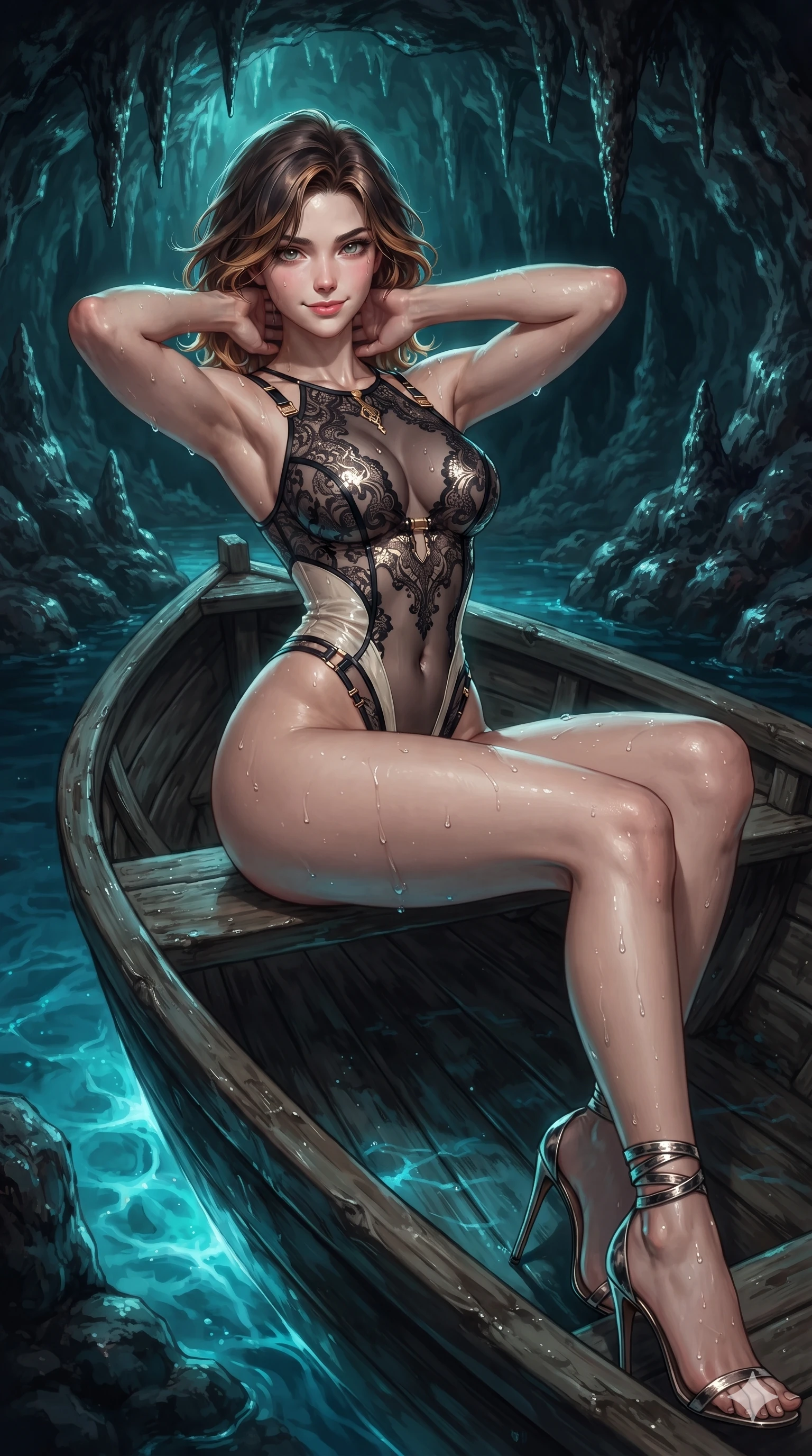 score_9, masterpiece, best quality, ultra-detailed, high-budget anime keyframe, editorial fashion photography, tasteful artistic composition, Korean woman. close-up cowboy shot from the waist and thighs up, the character dominates the composition, filling the frame with her large presence. resting both hands lightly behind her neck with elbows raised, arching her spine to highlight her narrow waist, flat midriff, and breathtaking collarbones while lounging in the wooden skiff propped on one elbow, her flat midriff and long slender legs bathed in ethereal subterranean electric-blue light. The surrounding environment is rendered in vivid detail and crisp panoramic clarity: detailed second-skin wet-look swimwear, water droplet beads on skin, and natural sea cavern geology in high resolution. She has an exceptionally elegant, slender, and willowy female figure with an ultra-slim waist, flat toned midriff, narrow ribcage, and sculpted feminine hips creating an alluring, slim hourglass silhouette without bulk. sharp v-shaped jawline, high-bridge nose, sparkling eyes with hypnotic seductive depth, thick curled eyelashes, glossy parted lips with a natural dewy peach sheen, alluring bedroom-eyes with an enchanting coquettish smile, exuding magnetic siren charisma and sophisticated glamour, flawlessly proportioned anatomical accuracy, strict slender model proportions, natural body alignment, perfectly sculpted long slender limbs, ultra-slim waistline, clean dynamic posture without body distortion. wearing a provocative sheer-illusion nanotech lace bodysuit with strategic metallic foil flocking and high-cut leg openings in high-contrast coastal monochrome with gold hardware, tailored from smooth liquid silk satin that clings smoothly to her narrow waist and rounded hips with a dewy sheen, complemented by strappy stiletto sandals with metallic ankle wraps accentuating her slender calves, the glove-like clinging cut tightly following the natural contour of her hips and long slender legs with youthful 8.5-heads elegance. illuminated by glowing water bounce and sharp cyan-teal rim lights defining her razor-sharp jawline, narrow waist, and curvy hips against dark cavern stone. ultra-reflective glossy finish, specular highlights, rich textural contrasts, high-contrast stereoscopic depth, volumetric dynamic lighting, 2k, ultra detail, master piece, 9:16 ratio