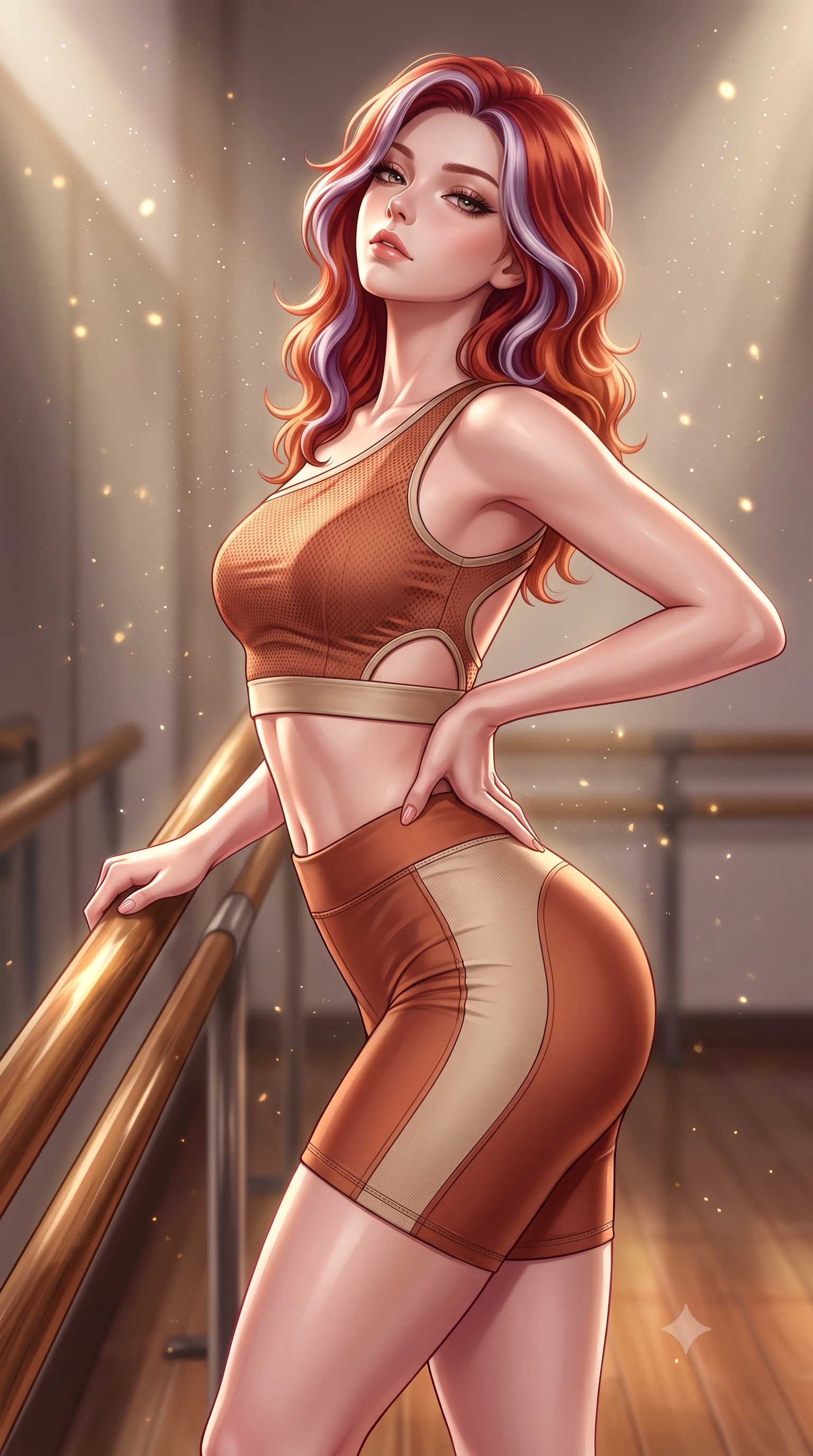 score_9, masterpiece, best quality, ultra-detailed, high-budget anime keyframe, semi-realistic 3D game render, editorial fashion photography, tasteful artistic composition, Caucasian woman. close-up cowboy shot from the waist and thighs up, the character dominates the composition, filling the frame with her large presence. tilting her chin up with proud, sovereign allure while gazing through thick eyelashes, one hand resting on her waist in pure supermodel charisma while resting both hands on a polished wooden ballet barre while arching her lower back in a deep cambré stretch, highlighting her sculpted glutes and slender waist. The composition keeps background elements in soft focus with creamy bokeh. floating micro-chalk particles and spotlight beams scattering luminous golden light motes. She has an exceptionally elegant, slender, and willowy female figure with an ultra-slim waist, a gracefully sculpted slender torso, toned flat midriff, and rounded feminine hips creating an alluring hourglass silhouette. sharp v-shaped jawline, high-bridge nose, intricate jewel-like eyes with depth, thick eyelashes, glossy parted lips with a natural sheen, intensely captivating and seductive bedroom-eyes expression, flawlessly proportioned anatomical accuracy, strict slender model proportions, natural body alignment, perfectly sculpted long slender limbs, ultra-slim waistline, clean dynamic posture without body distortion. wearing a sporty asymmetrical crop tank paired with seamless contouring biker shorts in warm terracotta and oatmeal beige, tailored from breathable technical athletic mesh and liquid-finish track nylon, finished with high-cut leg elastic bands defining her long leg lines, the precision-cut side openings and low-back scoop framing her graceful spine and the sensual sweep of her hips. surrounded by a disciplined, sensual, and exquisitely graceful haute-couture dancer aura. highly saturated vibrant anime colors, detailed shading with soft gradients, rich glossy textures, high-contrast stereoscopic depth, volumetric dynamic lighting, master piece, 9:16 ratio