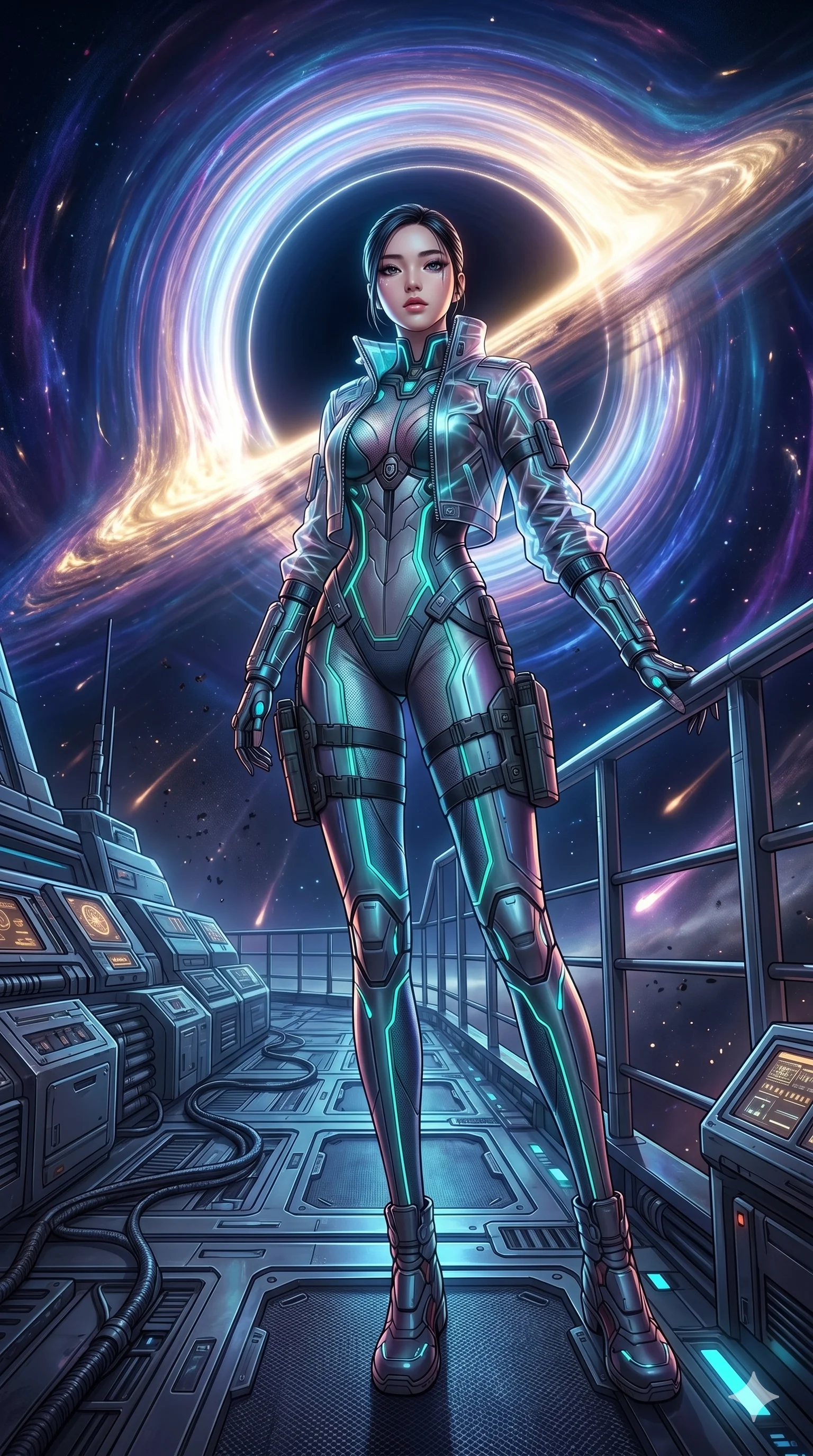 score_9, masterpiece, best quality, ultra-detailed, photorealistic 8k CG, hyper-detailed textures, ray-tracing, Korean woman. Dynamic full-body shot stretching the vertical silhouette with extreme perspective. standing on the deck of a ship as it sails into a black hole. She has an absolutely perfect 8-heads proportion, an exceptionally tall and slender female figure with graceful and slender proportions. strictly human anatomy, two legs only, no extra limbs, clearly defined legs and arms, perfect anatomy, perfect hands and fingers. sharp v-shaped jawline, high-bridge nose, intricate jewel-like eyes, thick eyelashes, glossy lips. Wearing Tech-Fantasy: Cybernetic tech-suit with glowing seams, translucent jacket over a bodysuit, and modular tactical gear. The scene is illuminated by dramatic atmospheric lighting and vibrant color palettes. , 2k, ultra detail, master piece, 9:16 ratio