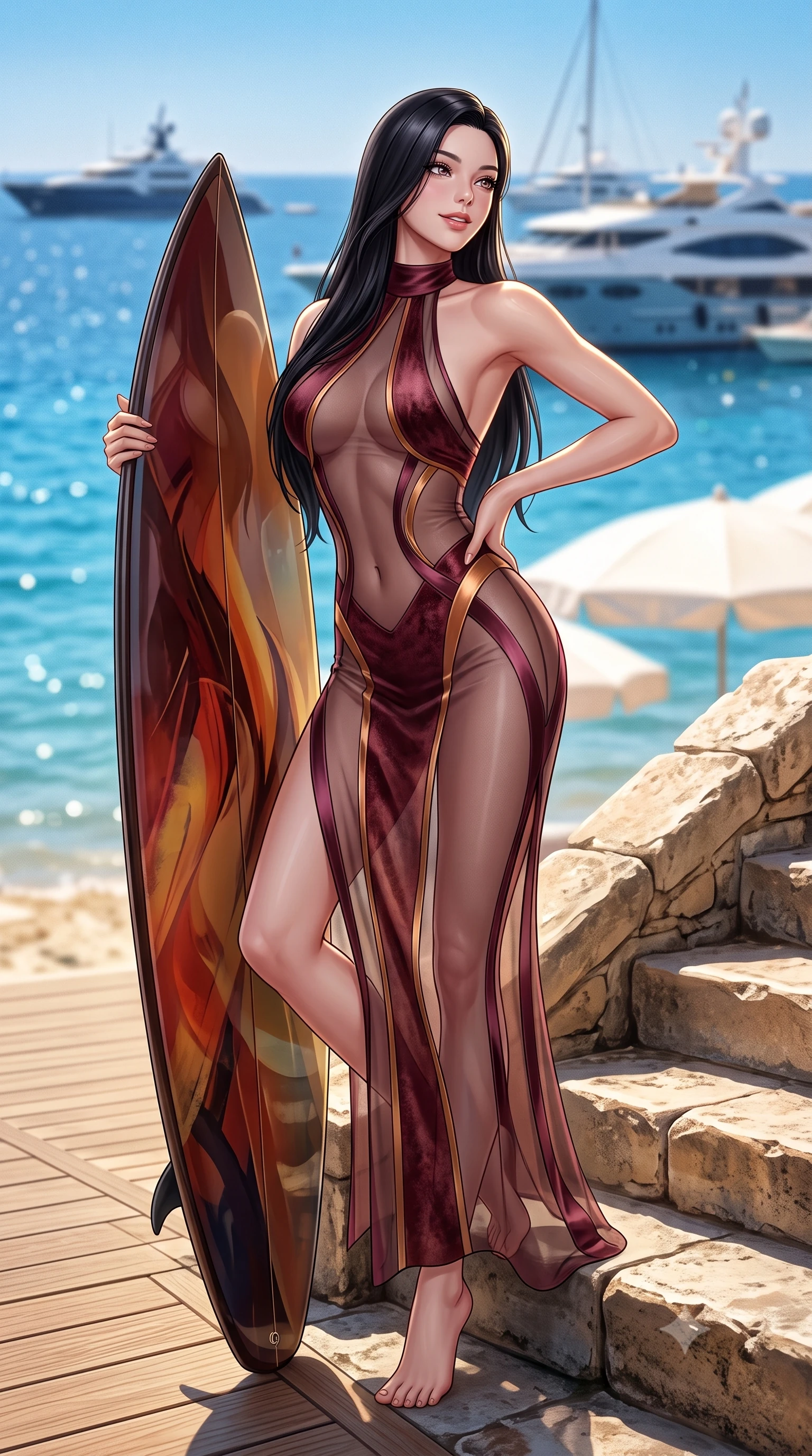score_9, masterpiece, best quality, ultra-detailed, high-budget anime keyframe, semi-realistic 3D game render, editorial fashion photography, tasteful artistic composition, Korean woman. low angle full-body shot from head to toe showing her feet, filling the entire 9:16 vertical frame with her statuesque presence, stretching her vertical silhouette. sitting poised on the stone steps with one knee bent, arching her spine with supermodel elegance as she glances upward through thick eyelashes while standing at the edge of the teak boardwalk with hips cocked back, looking over a bare shoulder toward moored superyachts. The background shows a soft-focus the sparkling sapphire bay of Pampelonne, distant mega-yachts, and white parasols blurred into azure, champagne, and gold bokeh. She has an absolutely perfect, statuesque 8.5-heads proportion, an exceptionally tall and slender model-like female figure with impossibly long slender legs, an ultra-slim waist, a flat toned midriff, narrow delicate ribcage, and beautifully sculpted feminine hips creating a graceful, slim hourglass silhouette without any bulky heaviness. sharp v-shaped jawline, high-bridge nose, sparkling eyes with hypnotic seductive depth, thick curled eyelashes, glossy parted lips with a natural dewy peach sheen, alluring bedroom-eyes with an enchanting coquettish smile, exuding magnetic siren charisma and sophisticated glamour, flawlessly proportioned anatomical accuracy, strict slender model proportions, natural body alignment, perfectly sculpted long slender limbs, ultra-slim waistline, clean dynamic posture without body distortion. wearing a provocative high-neck sheer illusion beach coverup with liquid satin ribbons contouring her curves in smoky bordeaux wine and gilded copper, tailored from ultra-soft distressed suede with velvety hand-feel and rich shadow depth, accented with a custom high-gloss tinted surfboard held lightly with one hand, the form-contouring silhouette accentuating her sculpted flat midriff, narrow delicate ribcage, and gracefully curvy hips with intoxicating allure. illuminated by sea water reflection fill and sharp platinum-gold rim lights sculpting her razor-sharp jawline, narrow waist, and curvy hips. highly saturated vibrant anime colors, detailed shading with soft gradients, rich glossy textures, high-contrast stereoscopic depth, volumetric dynamic lighting, master piece, 9:16 ratio