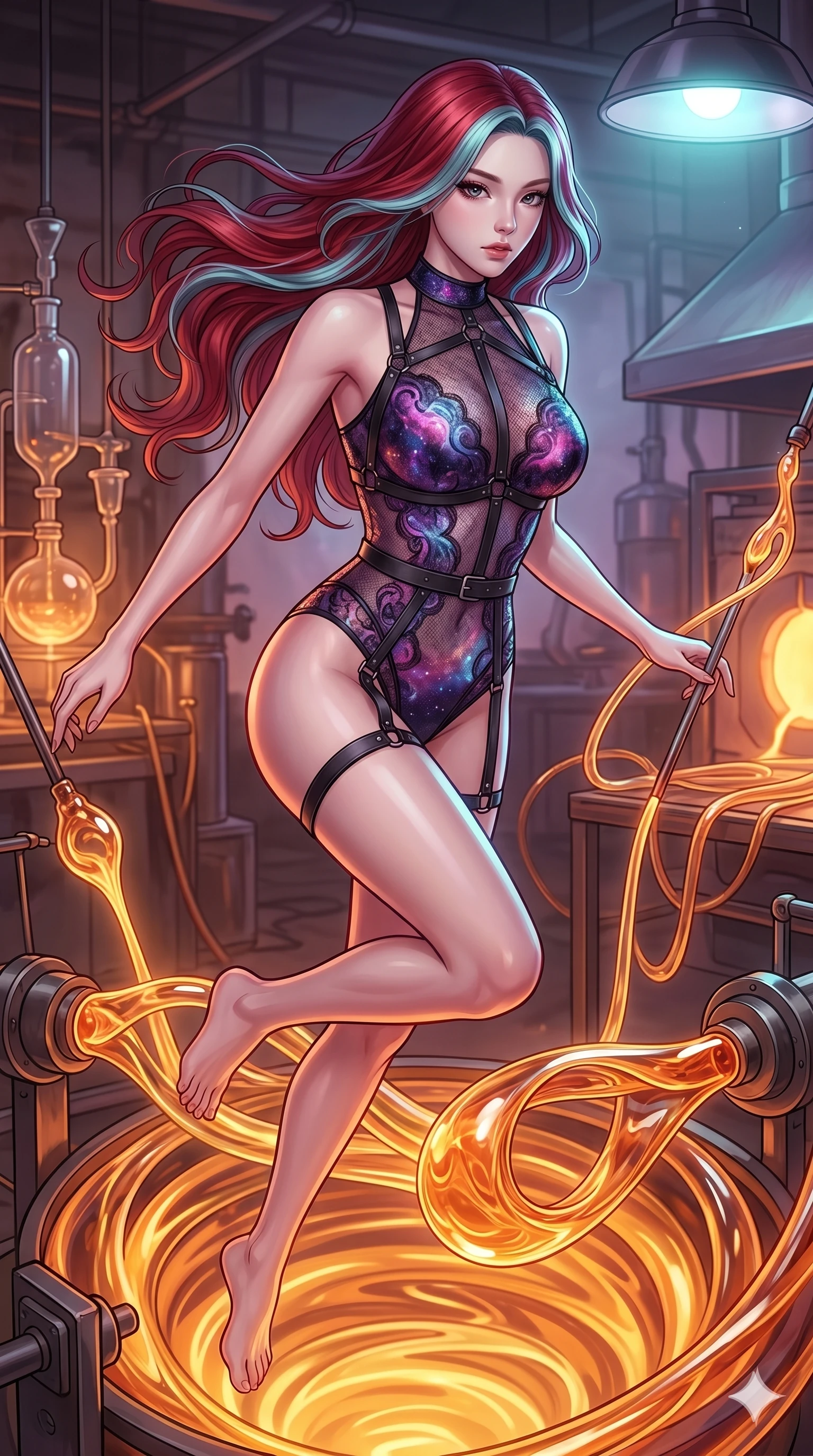 score_9, masterpiece, best quality, ultra-detailed, high-budget anime keyframe, Korean woman. upper body close-up from the thighs up, character filling the screen for maximum presence. bounding through a molten glass art studio where twisting, glowing amber glass tubes rotate like fluid rivers in a heated environment. She has an absolutely perfect 8-heads proportion, an exceptionally tall and slender female figure with impossibly long slender legs and an ultra-slim waist. V-shaped jawline, high-bridge nose, intricate jewel-like eyes with depth, thick eyelashes, glossy lips with a natural sheen.. wearing a gothic nebula lace bodysuit, featuring a semi-opaque sculptural lace bodysuit with cosmic nebula patterns, reinforced by matte leather straps. lit by a soft glowing ambient light and a sharp side key light that traces the sleek contours of her athletic build. 2k, ultra detail, master piece, 9:16 ratio