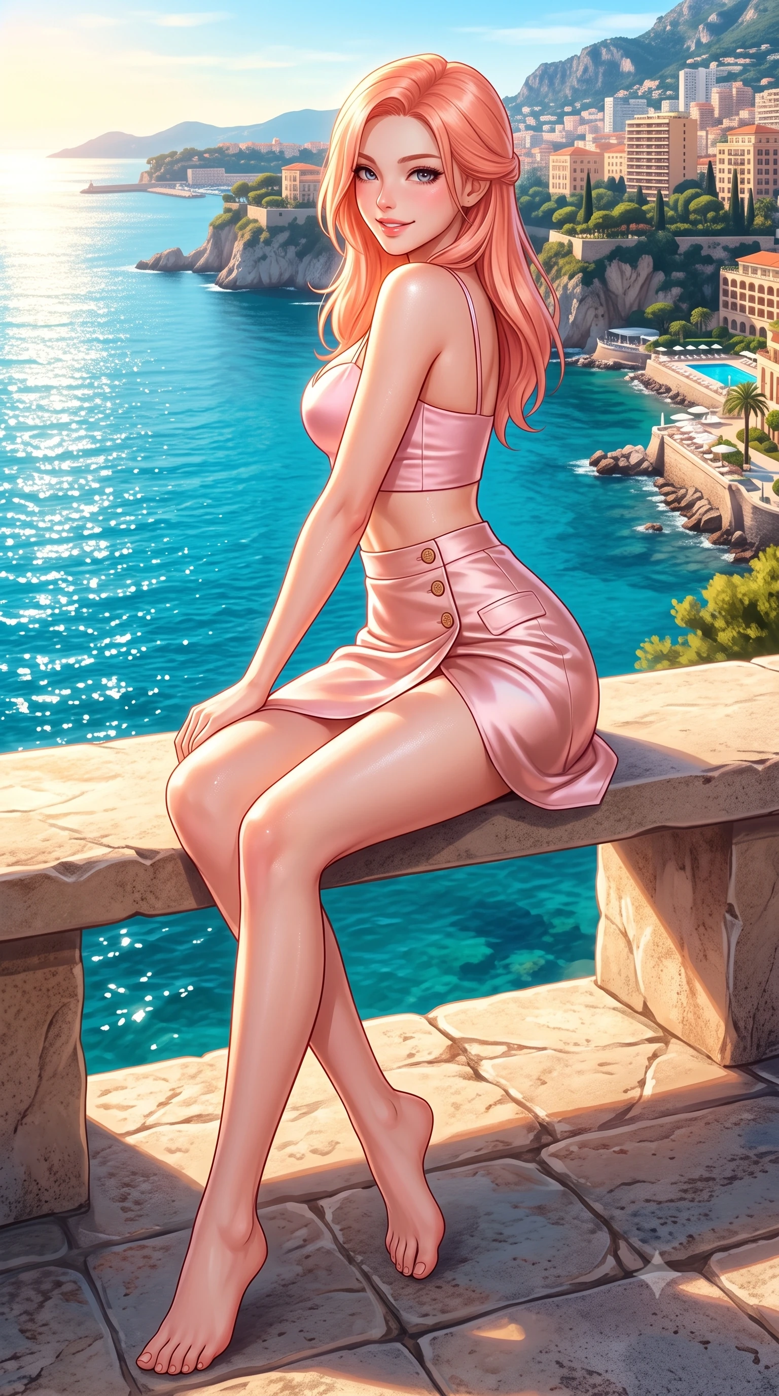 score_9, masterpiece, best quality, ultra-detailed, high-budget anime keyframe, semi-realistic 3D game render, editorial fashion photography, tasteful artistic composition, Japanese woman. low angle full-body shot from head to toe showing her feet, filling the entire 9:16 vertical frame with her statuesque presence, stretching her vertical silhouette. posing with back turned slightly to the lens, glancing back with an enchanting, playful smile as she arches her lower back to emphasize her sculpted feminine hips and slender waist while sitting perched on a sunlit stone bench with legs crossed, her flat midriff and feminine hips highlighted against the turquoise Mediterranean abyss. The surrounding environment is rendered in vivid detail and crisp panoramic clarity. detailed resort couture fabric sheen, sea mist specular highlights on skin, and Monaco coastline in high resolution. She has an exceptionally tall and slender model-like 8.5-heads proportion, an ultra-slim waist, a flat toned midriff, narrow delicate ribcage, and beautifully sculpted feminine hips creating a graceful, slim hourglass silhouette without any bulky heaviness, with impossibly long slender legs. sharp v-shaped jawline, high-bridge nose, intricate jewel-like sparkling eyes with depth, thick eyelashes, glossy parted lips with a natural peach sheen, bright cheerful beaming smile with an enchanting and coquettish sensual glint, exuding both youthful cute charm and seductive allure, flawlessly proportioned anatomical accuracy, strict slender model proportions, natural body alignment, perfectly sculpted long slender limbs, ultra-slim waistline, clean dynamic posture without body distortion. wearing a sweetheart-neckline baby-pink crop top with a high-slit wrap mini skirt accentuating her waist-to-hip curve in cherry blossom pink and soft rose gold, made of smooth fluid silk satin with a delicate pearlescent sheen, finished with neat front wooden buttons and delicate pocket details, the high-waisted tailoring accentuating her ultra-slim waistline and the enchanting curve of her feminine hips with alluring charm. bathed in intense Mediterranean golden hour afternoon sun reflecting off coastal waters. highly saturated vibrant anime colors, detailed shading with soft gradients, rich glossy textures, high-contrast stereoscopic depth, volumetric dynamic lighting, master piece, 9:16 ratio