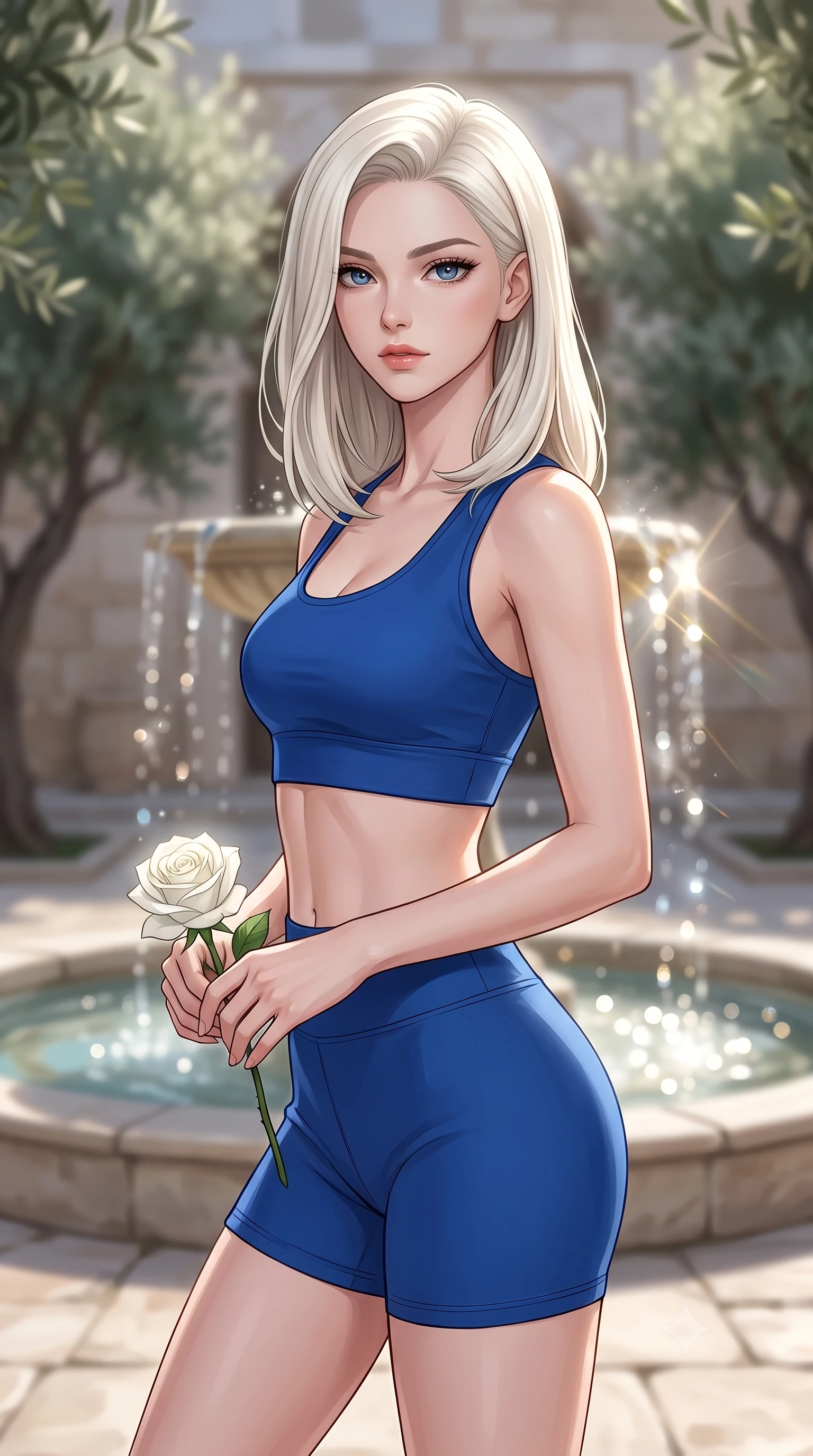 score_9, masterpiece, best quality, ultra-detailed, high-budget anime keyframe, editorial fashion photography, tasteful artistic composition, Caucasian woman woman. close-up cowboy shot from the waist and thighs up, the character dominates the composition, filling the frame with her large presence, background elements kept in soft focus. gazing directly at the viewer with a calm and welcoming expression, holding a fresh flower the background shows a soft-focus a stone courtyard with a central water fountain trickling softly, surrounded by olive trees. She has an exceptionally elegant, slender, and willowy female figure with an ultra-slim waist, a gracefully sculpted slender torso, and a refined silhouette. sharp v-shaped jawline, high-bridge nose, intricate jewel-like eyes with depth, thick eyelashes, glossy lips with a natural sheen. wearing a tailored body-hugging athletic crop top and high-waisted shorts set in royal blue. dazzling sunbeams refracting through the water droplets. 2k, ultra detail, master piece, 9:16 ratio