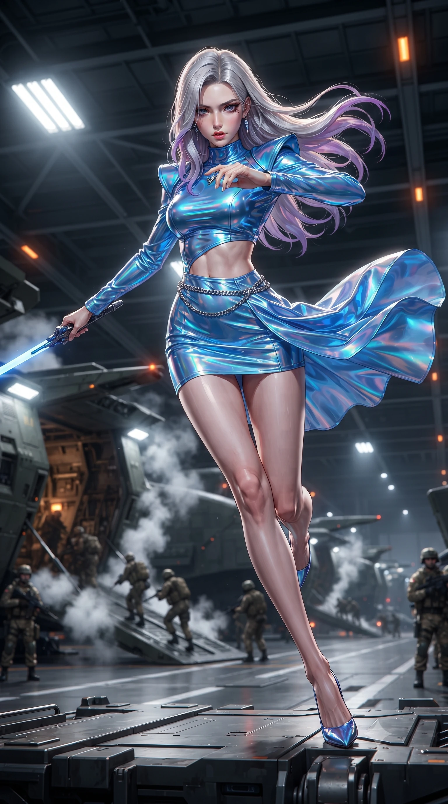 score_9, masterpiece, best quality, ultra-detailed, high-budget anime keyframe, editorial fashion photography, tasteful artistic composition, realistic cosplay photography, Caucasian woman, strictly human ears. low angle full-body shot from head to toe showing her feet, filling the entire 9:16 vertical frame with her statuesque presence, stretching her vertical silhouette. leaping aggressively down onto an enemy platform with her energy blade drawn to strike within a row of drop-ships in a hangar, steam venting from hydraulic launch ramps as troops board in soft focus. She has a statuesque 8.5-heads proportion, an exceptionally tall, slender and willowy model-like build with impossibly long legs and a highly sculpted ultra-slim waist. sharp v-shaped jawline, high-bridge nose, intricate jewel-like eyes with depth, thick eyelashes, glossy lips with a natural sheen. wearing the lightweight fabric rippling and billowing dramatically with her movement, a form-contouring holographic mini dress in electric blue, featuring structured shoulder pads, an exposed midriff, and a silver waist chain. harsh white industrial floodlights and orange indicators casting sharp highlights. ultra-reflective glossy finish, specular highlights, metallic sheen, high-contrast stereoscopic depth, volumetric dynamic lighting, 2k, ultra detail, master piece, 9:16 ratio