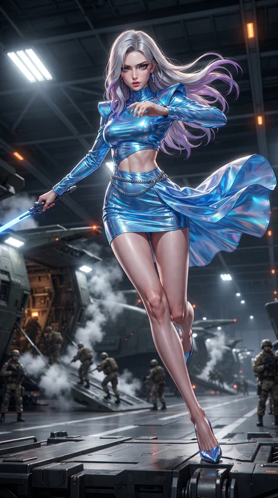 score_9, masterpiece, best quality, ultra-detailed, high-budget anime keyframe, editorial fashion photography, tasteful artistic composition, realistic cosplay photography, Caucasian woman, strictly human ears. low angle full-body shot from head to t