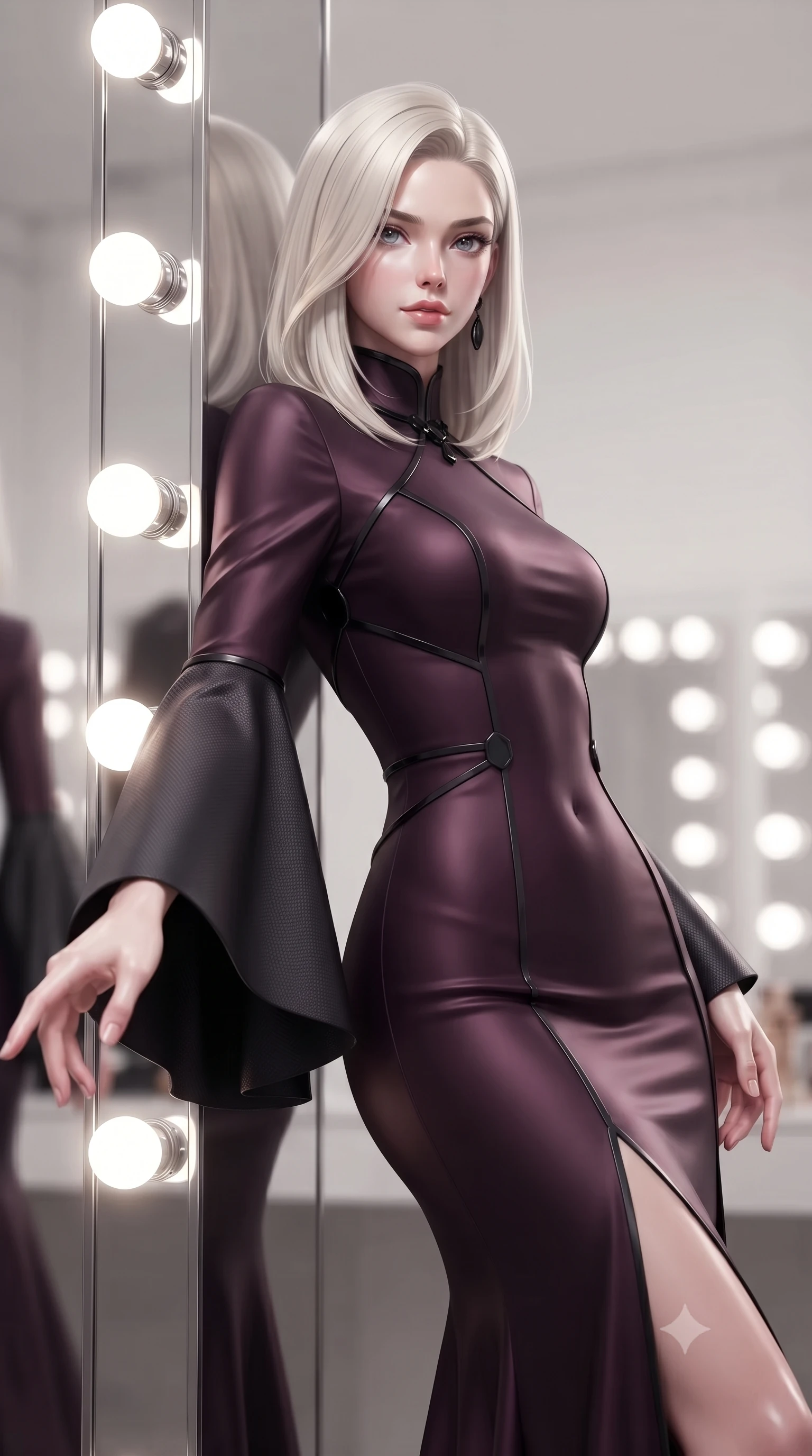 score_9, masterpiece, best quality, ultra-detailed, high-budget anime keyframe, editorial fashion photography, tasteful artistic composition, Caucasian woman. close-up cowboy shot from the waist and thighs up, the character dominates the composition, filling the frame with her large presence, background elements kept in soft focus. Reaching one hand toward the viewer with relaxed sensual elegance, resting against a mirrored pillar as daylight vanity bulbs illuminate her silhouette, magnetic runway model aura with supreme visual command. She has an exceptionally elegant, slender, and willowy female figure with an ultra-slim waist, a gracefully sculpted slender torso, and a refined silhouette. sharp v-shaped jawline, high-bridge nose, intricate jewel-like eyes with depth, thick eyelashes, glossy lips with a natural sheen. wearing gothic high-collar dark plum silk evening gown with bell sleeves in pitch-black onyx, made of matte carbon-fiber weave, adorned with minimalist black onyx hardware framing the silhouette, highlighting her statuesque proportions and ultra-slim waistline. bathed in high-contrast specular reflections against bright mirror space. ultra-reflective glossy finish, specular highlights, metallic sheen, high-contrast stereoscopic depth, volumetric dynamic lighting, 2k, ultra detail, master piece, 9:16 ratio