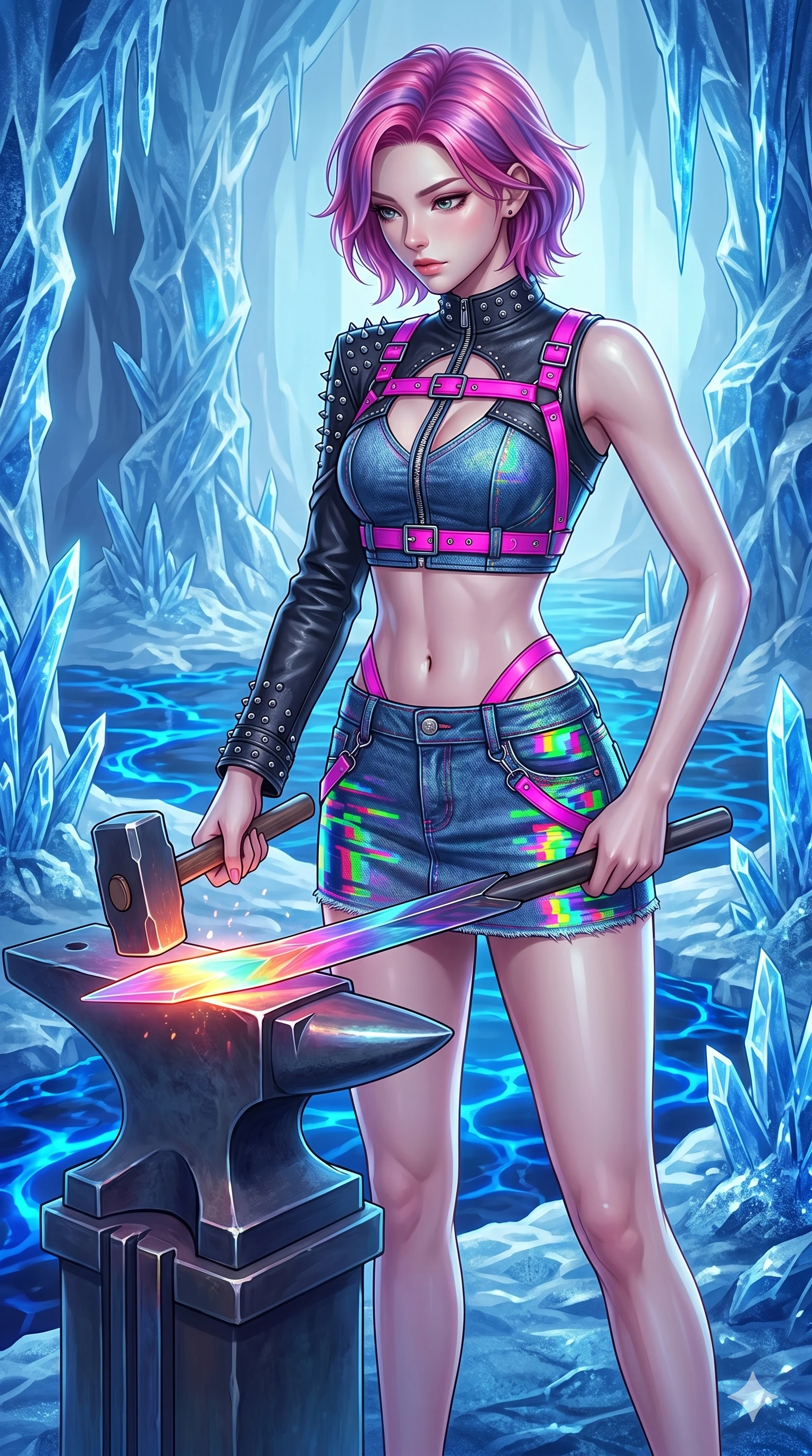 score_9, masterpiece, best quality, ultra-detailed, high-budget anime keyframe, Korean woman. upper body close-up from the thighs up, character filling the screen for maximum presence. forging in a prismatic ice-volcano temple where glowing cobalt-blue liquid magma flows between frozen blue ash crystals. She has an absolutely perfect 8-heads proportion, an exceptionally tall and slender female figure with impossibly long slender legs and an ultra-slim waist. V-shaped jawline, high-bridge nose, intricate jewel-like eyes with depth, thick eyelashes, glossy lips with a natural sheen.. wearing a glitch denim and studded leather outfit, featuring an RGB glitch pattern denim micro-skirt, a single-sleeve cropped leather jacket, and neon pink harness straps. lit by a soft glowing ambient light and a sharp side key light that traces the sleek contours of her athletic build. 2k, ultra detail, master piece, 9:16 ratio