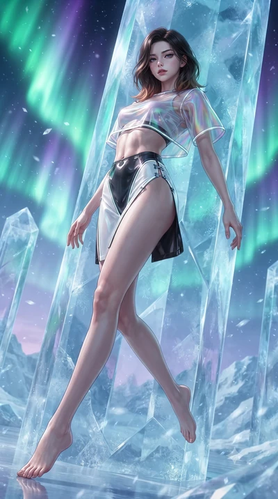 score_9, masterpiece, best quality, ultra-detailed, high-budget anime keyframe, editorial fashion photography, tasteful artistic composition, Korean woman. low angle full-body shot from head to toe showing her feet, filling the entire 9:16 vertical f