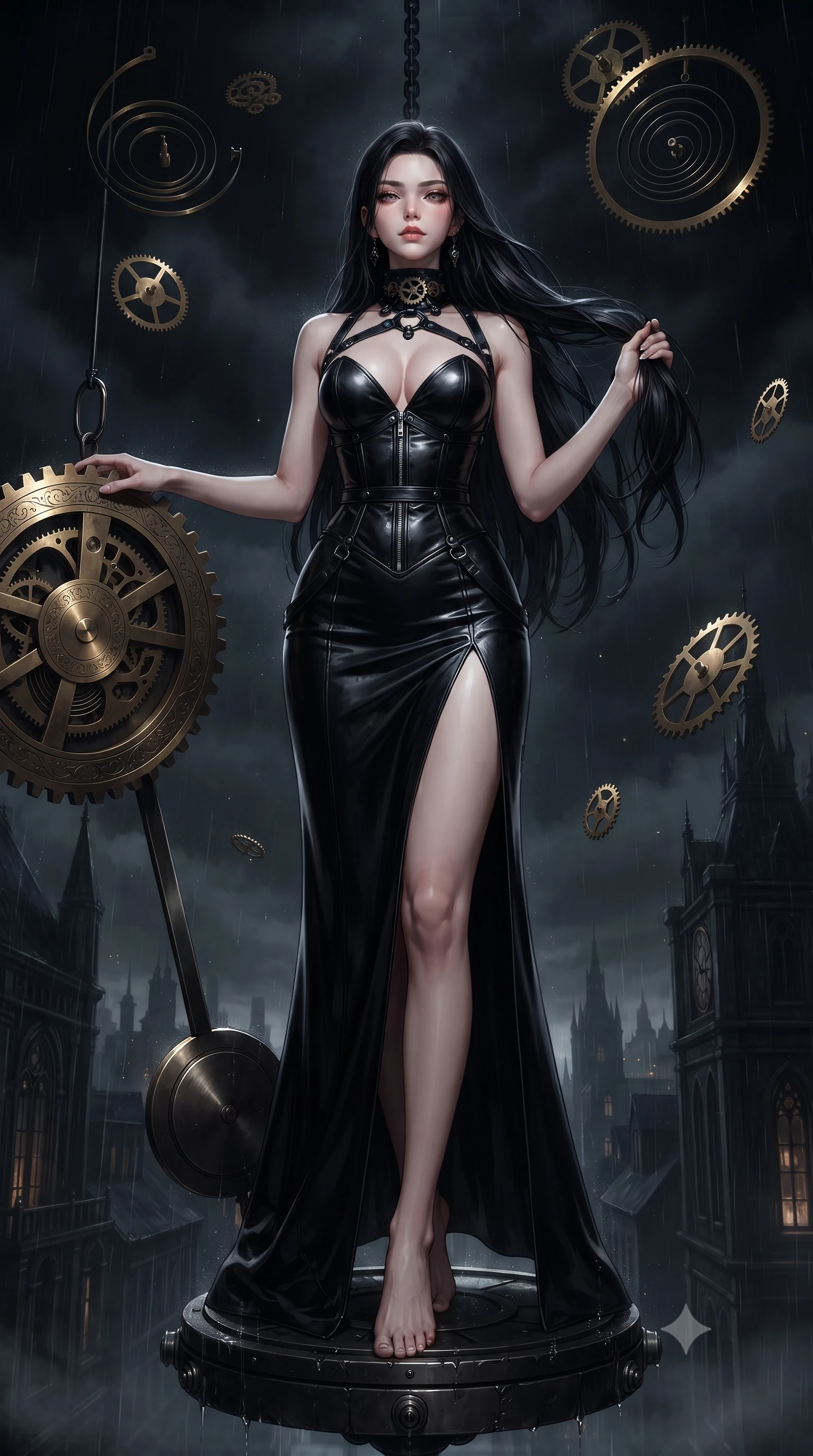 score_9, masterpiece, best quality, ultra-detailed, high-budget anime keyframe, editorial fashion photography, tasteful artistic composition, Korean woman. low angle full-body shot from head to toe showing her feet, filling the entire 9:16 vertical frame with her statuesque presence, stretching her vertical silhouette. forging confidently through the dark atmospheric mist, holding a poised statuesque stance, resting on a dark metal pendulum swinging over a rain-drenched dark city, floating brass gears and clock springs suspended in pitch-black air. She has an absolutely perfect, statuesque 8.5-heads proportion, an exceptionally tall and slender model-like female figure with impossibly long slender legs and an ultra-slim waist. sharp v-shaped jawline, high-bridge nose, intricate jewel-like eyes with depth, thick eyelashes, glossy lips with a natural sheen. wearing low-cut gothic structured bodice gown with high leg slit in obsidian black, made of polished black leather, adorned with minimalist black onyx hardware framing the silhouette, accentuating her gracefully sculpted slender torso. bathed in warm brass highlights contrasting against pitch-black clockwork shadows. ultra-reflective glossy finish, specular highlights, metallic sheen, high-contrast stereoscopic depth, volumetric dynamic lighting, 2k, ultra detail, master piece, 9:16 ratio