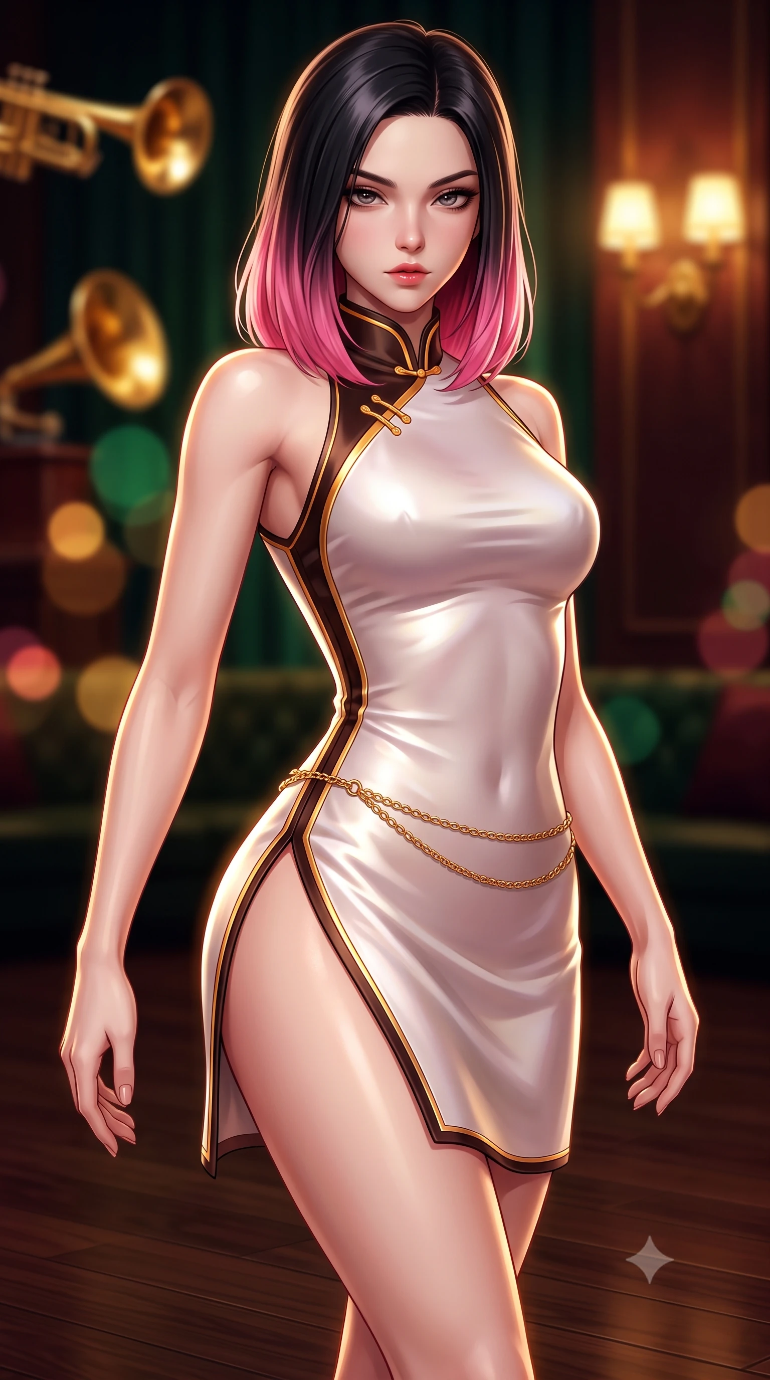 score_9, masterpiece, best quality, ultra-detailed, high-budget anime keyframe, semi-realistic 3D game render, editorial fashion photography, tasteful artistic composition, Korean woman. close-up cowboy shot from the waist and thighs up, the character dominates the composition, filling the frame with her large presence. leaning back with relaxed seductive grace, her sculpted collarbones and narrow waist highlighted as she casts smoldering bedroom-eyes directly into the camera while gliding across the polished dark walnut dance floor with supermodel momentum, her dress tightly hugging her feminine curves. The composition keeps background elements in soft focus with creamy bokeh. golden jazz trumpet bells and glowing wall sconces blurred into warm whiskey-gold, deep emerald, and burgundy bokeh. She has an exceptionally elegant, slender, and willowy female figure with an ultra-slim waist, flat toned midriff, narrow ribcage, and sculpted feminine hips creating an alluring, slim hourglass silhouette without bulk. sharp v-shaped jawline, high-bridge nose, intricate jewel-like eyes with depth, thick eyelashes, glossy parted lips with a natural sheen, intensely captivating and seductive bedroom-eyes expression, flawlessly proportioned anatomical accuracy, strict slender model proportions, natural body alignment, perfectly sculpted long slender limbs, ultra-slim waistline, clean dynamic posture without body distortion. wearing a modernized cyber-qipao mini dress with an ultra-high side slit ascending to the hip and glowing piping in dark espresso brown and molten gold foil, tailored from ultra-smooth duchess satin with a pearlescent sheen, accented with a delicate gold chain belt resting loosely on her curvy hips, the second-skin form-contouring cut accentuating her sculpted flat midriff, narrow delicate ribcage, and gracefully curvy hips with supermodel precision. illuminated by rich specular rim lights defining her razor-sharp jawline, narrow waist, and curvy hips. highly saturated vibrant anime colors, detailed shading with soft gradients, rich glossy textures, high-contrast stereoscopic depth, volumetric dynamic lighting, master piece, 9:16 ratio
