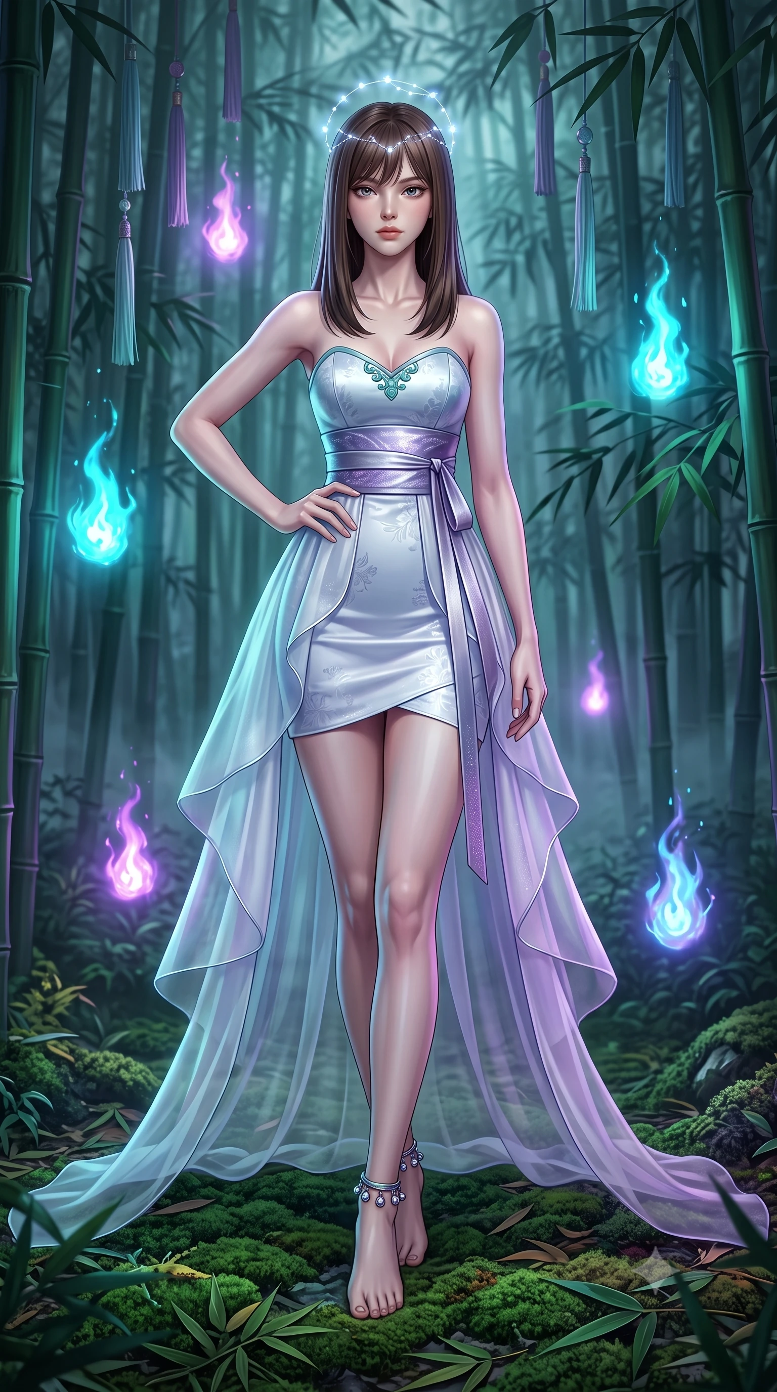 score_9, masterpiece, best quality, ultra-detailed, high-budget anime keyframe, semi-realistic 3D game render, editorial fashion photography, tasteful artistic composition, Korean woman. low angle full-body shot from head to toe showing her feet, filling the entire 9:16 vertical frame with her statuesque presence, stretching her vertical silhouette. standing poised with one hip cocked in an alluring high-fashion pose, her tall 8.5-heads proportions dominating the scene while gliding silently through a dense, mist-veiled bamboo forest illuminated by floating cyan and amethyst will-o'-the-wisp spirit flames. The surrounding environment is rendered in vivid detail and crisp panoramic clarity. intricate moss carpets, hanging silk tassels, and bamboo leaf venation in high resolution. She has an absolutely perfect, statuesque 8.5-heads proportion, an exceptionally tall and slender model-like female figure with impossibly long slender legs, a toned flat midriff, and an ultra-slim waist. sharp v-shaped jawline, high-bridge nose, intricate jewel-like eyes with depth, thick eyelashes, glossy lips with a natural sheen, captivating and magnetic expression, flawlessly proportioned anatomical accuracy, strict slender model proportions, natural body alignment, perfectly sculpted long slender limbs, ultra-slim waistline, clean dynamic posture without body distortion. wearing a jade-inlaid silk bustier dress with multi-tiered translucent organza train and metallic sash in celestial opal white and stardust violet, made of liquid-smooth silk satin with subtle floral jacquard, accented with dainty silver ankle bells and a glowing constellation circlet, the glove-like aerodynamic second-skin fit tightly clinging to her ultra-slender waist and athletic curves without adding bulk, accentuating her razor-sharp statuesque lines and slim hourglass silhouette. illuminated by ethereal glow highlighting her sculpted collarbones, waistline, and slender silhouette. highly saturated vibrant anime colors, detailed shading with soft gradients, rich glossy textures, high-contrast stereoscopic depth, volumetric dynamic lighting, master piece, 9:16 ratio