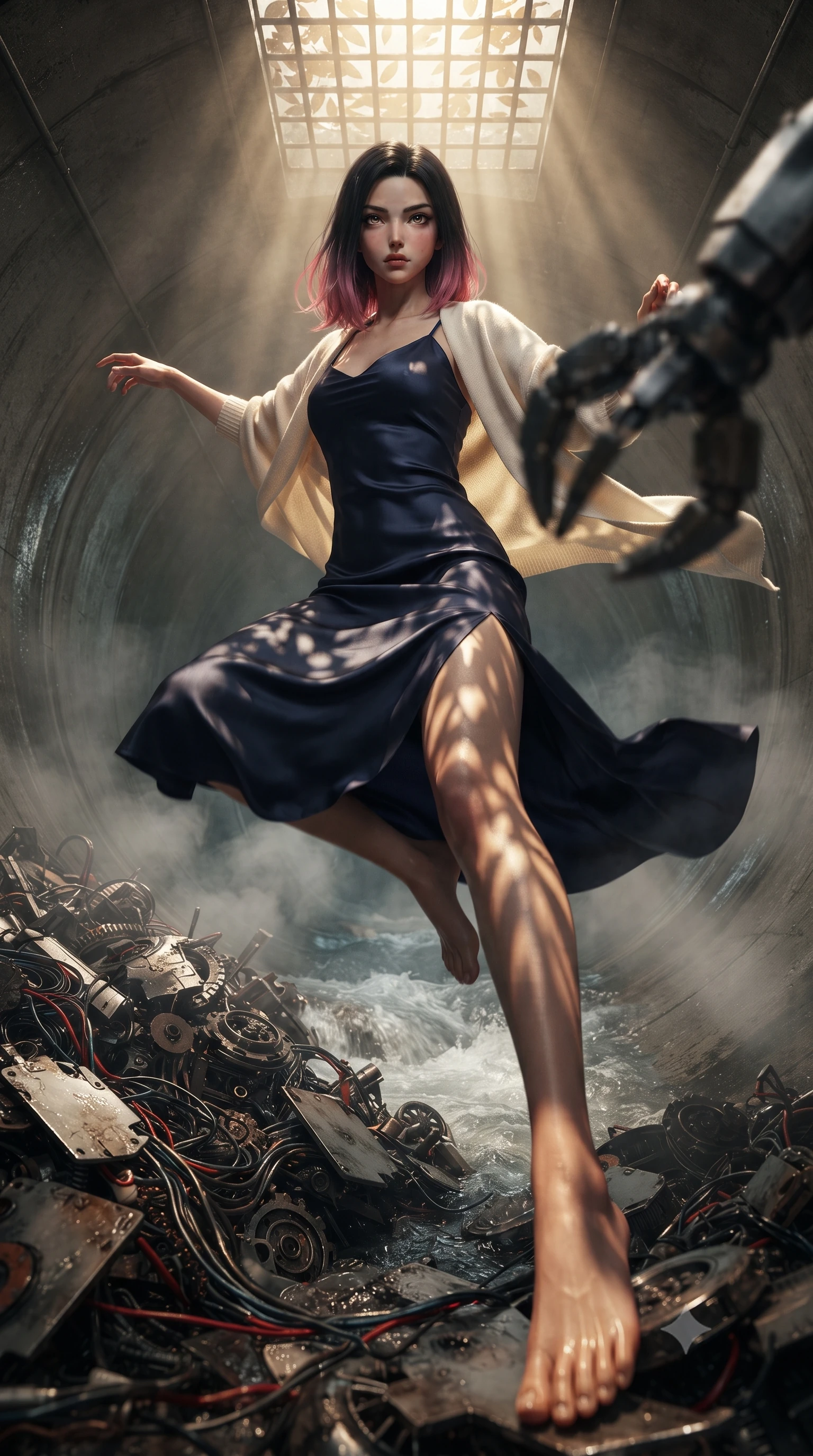score_9, masterpiece, best quality, ultra-detailed, high-budget anime keyframe, editorial fashion photography, tasteful artistic composition, realistic cosplay photography, Korean woman. low angle full-body shot from head to toe showing her feet, filling the entire 9:16 vertical frame with her statuesque presence, stretching her vertical silhouette. acrobatically dodging a heavy mech's swipe by vaulting off a pile of cybernetic debris through a giant concrete sewer pipe, water rushing rapidly along the center while steam vents create a heavy fog. She has a statuesque 8.5-heads proportion, an exceptionally tall, slender and willowy model-like build with impossibly long legs and a highly sculpted ultra-slim waist. sharp v-shaped jawline, high-bridge nose, intricate jewel-like eyes with depth, thick eyelashes, glossy lips with a natural sheen. wearing the lightweight fabric rippling and billowing dramatically with her movement, a slim-fit deep navy silk slip midi dress featuring a tasteful side thigh slit, layered with a soft cream knit shawl. warm golden afternoon sunbeams casting soft organic leaf shadows across her skin. ultra-reflective glossy finish, specular highlights, metallic sheen, high-contrast stereoscopic depth, volumetric dynamic lighting, 2k, ultra detail, master piece, 9:16 ratio