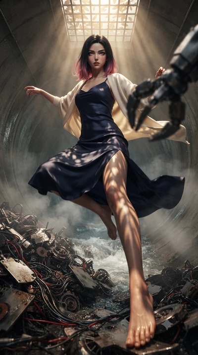 score_9, masterpiece, best quality, ultra-detailed, high-budget anime keyframe, editorial fashion photography, tasteful artistic composition, realistic cosplay photography, Korean woman. low angle full-body shot from head to toe showing her feet, fil