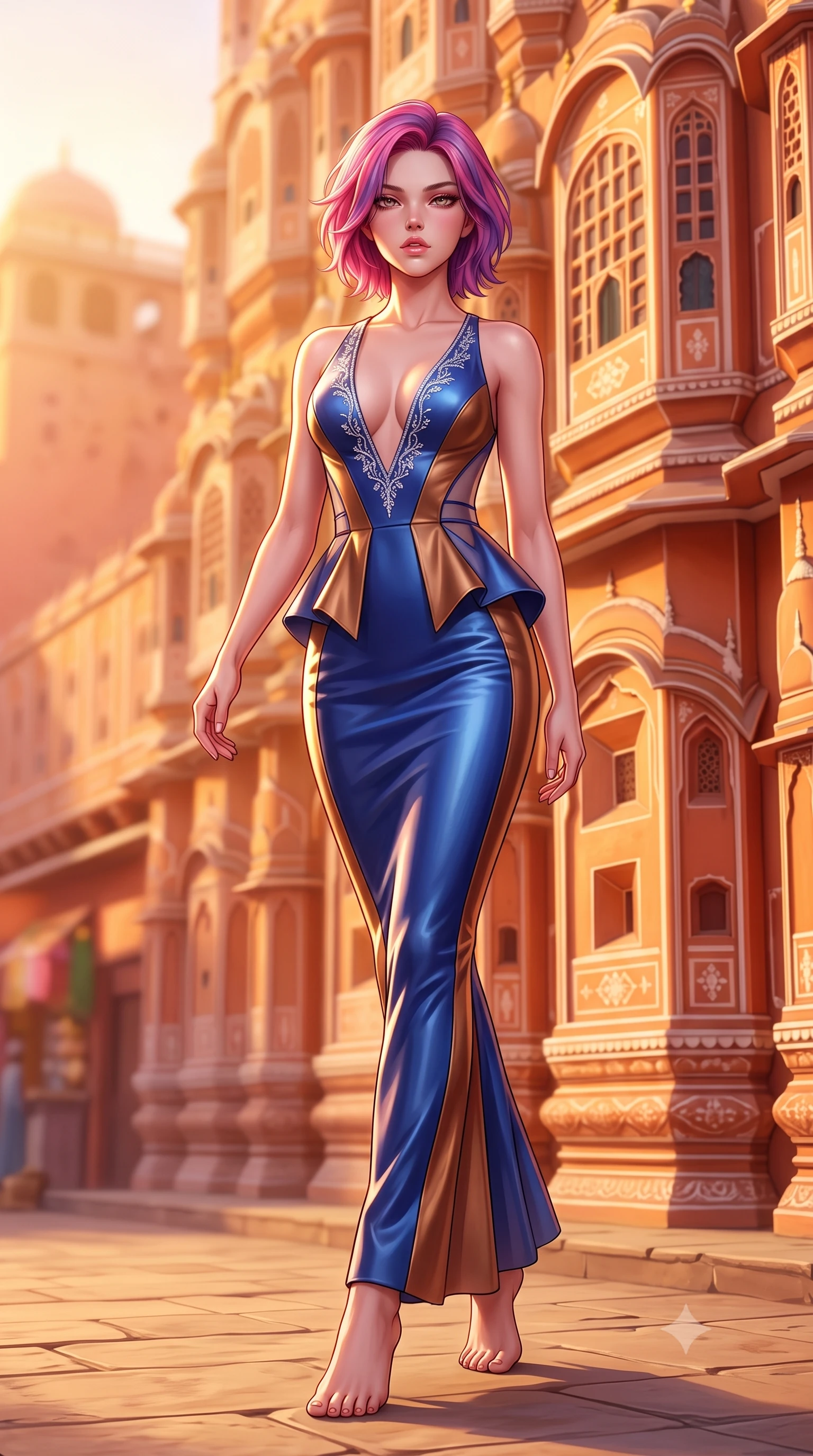 score_9, masterpiece, best quality, ultra-detailed, high-budget anime keyframe, semi-realistic 3D game render, editorial fashion photography, tasteful artistic composition, Caucasian woman. low angle full-body shot from head to toe showing her feet, filling the entire 9:16 vertical frame with her statuesque presence, stretching her vertical silhouette. striding forward in a proud supermodel runway stride, hips swaying in an alluring kinetic rhythm that accentuates her curvy hourglass silhouette while twisting her slender torso in an alluring S-curve as sunset paints the Jaipur palace facade in shades of honey and burnt coral. The composition keeps background elements in soft focus with creamy bokeh. hundreds of intricate pierced stone jharokha windows and bustling Pink City market streets below blurred into rose-pink, honey, and amber bokeh. She has an exceptionally tall and slender model-like 8.5-heads proportion, an ultra-slim waist, a flat toned midriff, narrow delicate ribcage, and beautifully sculpted feminine hips creating a graceful, slim hourglass silhouette without any bulky heaviness, with impossibly long slender legs. sharp v-shaped jawline, high-bridge nose, intricate jewel-like eyes with depth, thick eyelashes, glossy parted lips with a natural sheen, intensely captivating and seductive bedroom-eyes expression, flawlessly proportioned anatomical accuracy, strict slender model proportions, natural body alignment, perfectly sculpted long slender limbs, ultra-slim waistline, clean dynamic posture without body distortion. wearing a structural geometric peplum gown with sheer side-ribbon cutouts and form-fitting skirt in royal sapphire blue and liquid bronze, formed from supple second-skin lambskin leather with specular sheen, finished with delicate crystal frost embroidery tracing the plunging neckline, the glove-like aerodynamic silhouette tightly following the natural contour of her hips and long slender legs with statuesque 8.5-heads elegance. bathed in rich golden hour Rajasthani sunset backlighting and warm pink sandstone wall bounce fill. highly saturated vibrant anime colors, detailed shading with soft gradients, rich glossy textures, high-contrast stereoscopic depth, volumetric dynamic lighting, master piece, 9:16 ratio