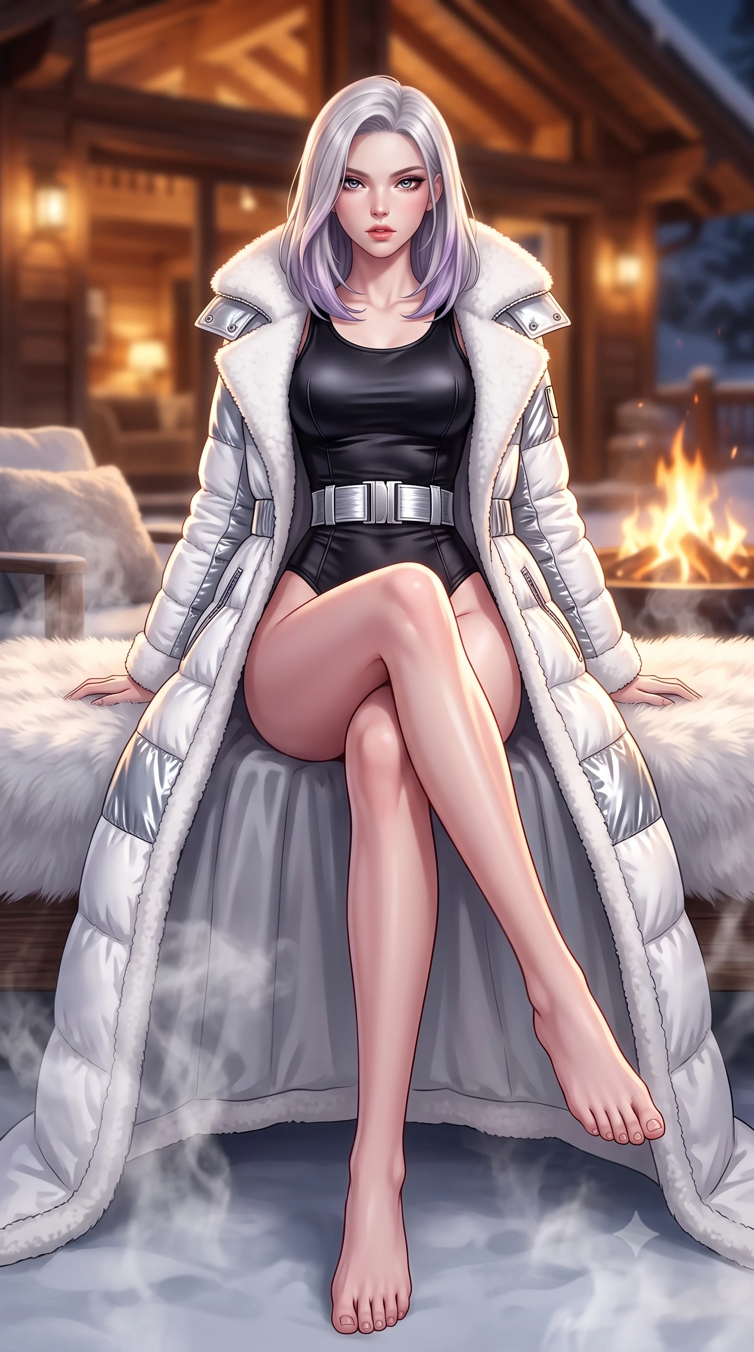 score_9, masterpiece, best quality, ultra-detailed, high-budget anime keyframe, semi-realistic 3D game render, editorial fashion photography, tasteful artistic composition, Caucasian woman. low angle full-body shot from head to toe showing her feet, filling the entire 9:16 vertical frame with her statuesque presence, stretching her vertical silhouette. sitting poised on the elevated edge with legs crossed and extended, her tall 8.5-heads proportions dominating the scene with effortless poise while reclining on an outdoor snow-view fur lounge daybed as steam rises, stretching her long slender legs in seductive comfort. The composition keeps background elements in soft focus with creamy bokeh. warm glowing chalet timber interiors and outdoor fire pit flames softened in cozy shallow depth of field. She has an absolutely perfect, statuesque 8.5-heads proportion, an exceptionally tall and slender model-like female figure with impossibly long slender legs, a toned flat midriff, and an ultra-slim waist. sharp v-shaped jawline, high-bridge nose, intricate jewel-like eyes with depth, thick eyelashes, glossy parted lips with a natural sheen, intensely captivating and seductive expression, flawlessly proportioned anatomical accuracy, strict slender model proportions, natural body alignment, perfectly sculpted long slender limbs, ultra-slim waistline, clean dynamic posture without body distortion. wearing a luxurious satin thermal leotard layered under a sweeping floor-length white shearling coat in high-contrast black ski leather and arctic white, crafted from metallic silver ripstop nylon with plush goose-down quilting, accented with a wide metallic ski belt cinching her ultra-slim waistline, the liquid-tight tailored fabric emphasizing every curve of her tall, slender model proportions and sculptured silhouette during dynamic movement. surrounded by a glamorous, elite, and heart-meltingly alluring winter sanctuary goddess aura. highly saturated vibrant anime colors, detailed shading with soft gradients, rich glossy textures, high-contrast stereoscopic depth, volumetric dynamic lighting, master piece, 9:16 ratio