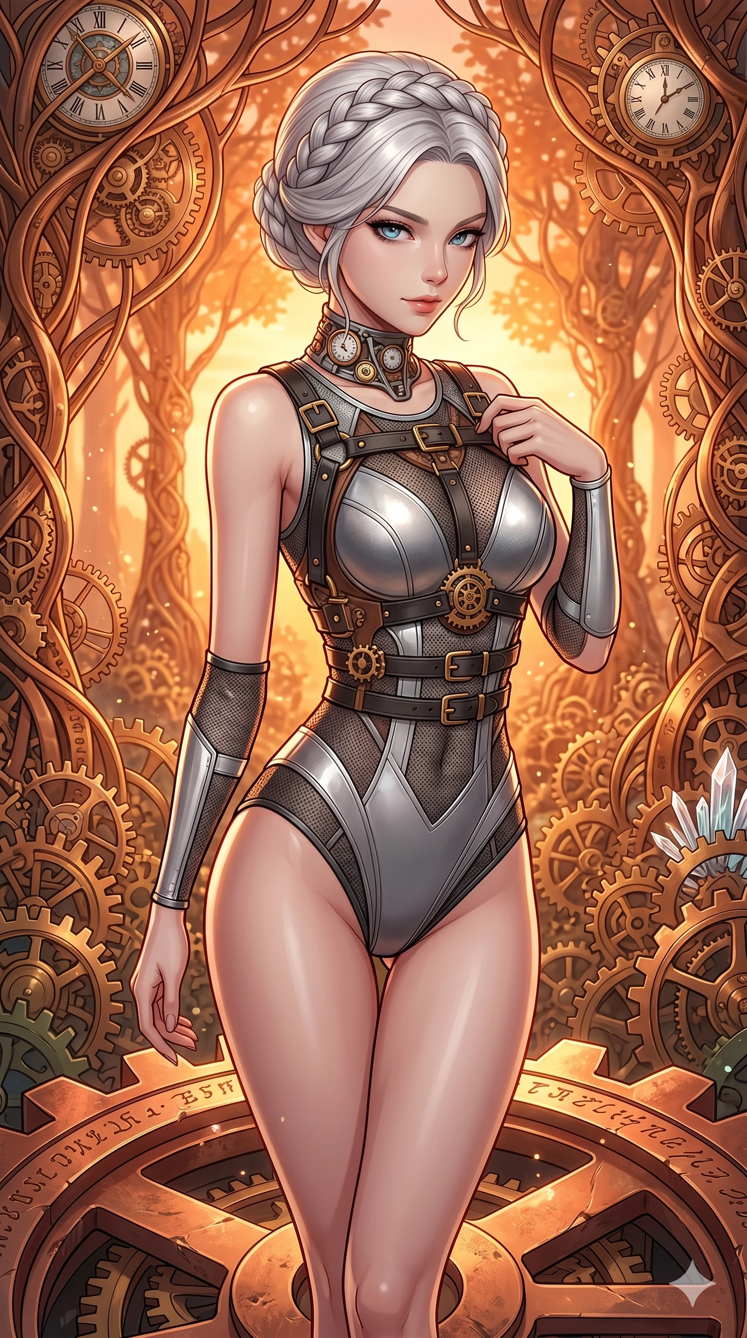 score_9, masterpiece, best quality, ultra-detailed, Set C: High-budget Anime Keyframe, Korean woman. Upper body close-up from the thighs up, character filling the screen for maximum presence. Standing on a giant gear in a clockwork forest at sunrise. She has an absolutely perfect 8-heads proportion, an exceptionally tall and slender female figure with an ultra-slim waist and steampunk aesthetic. Sharp v-shaped jawline, high-bridge nose, intricate jewel-like eyes with depth, thick eyelashes, glossy lips. Wearing a K-Idol Stage outfit: leather harness over a silver mesh bodysuit. Background is a bright and colorful forest with trees made of copper and gears, with vibrant orange light. 2k, ultra detail, master piece, 9:16 ratio