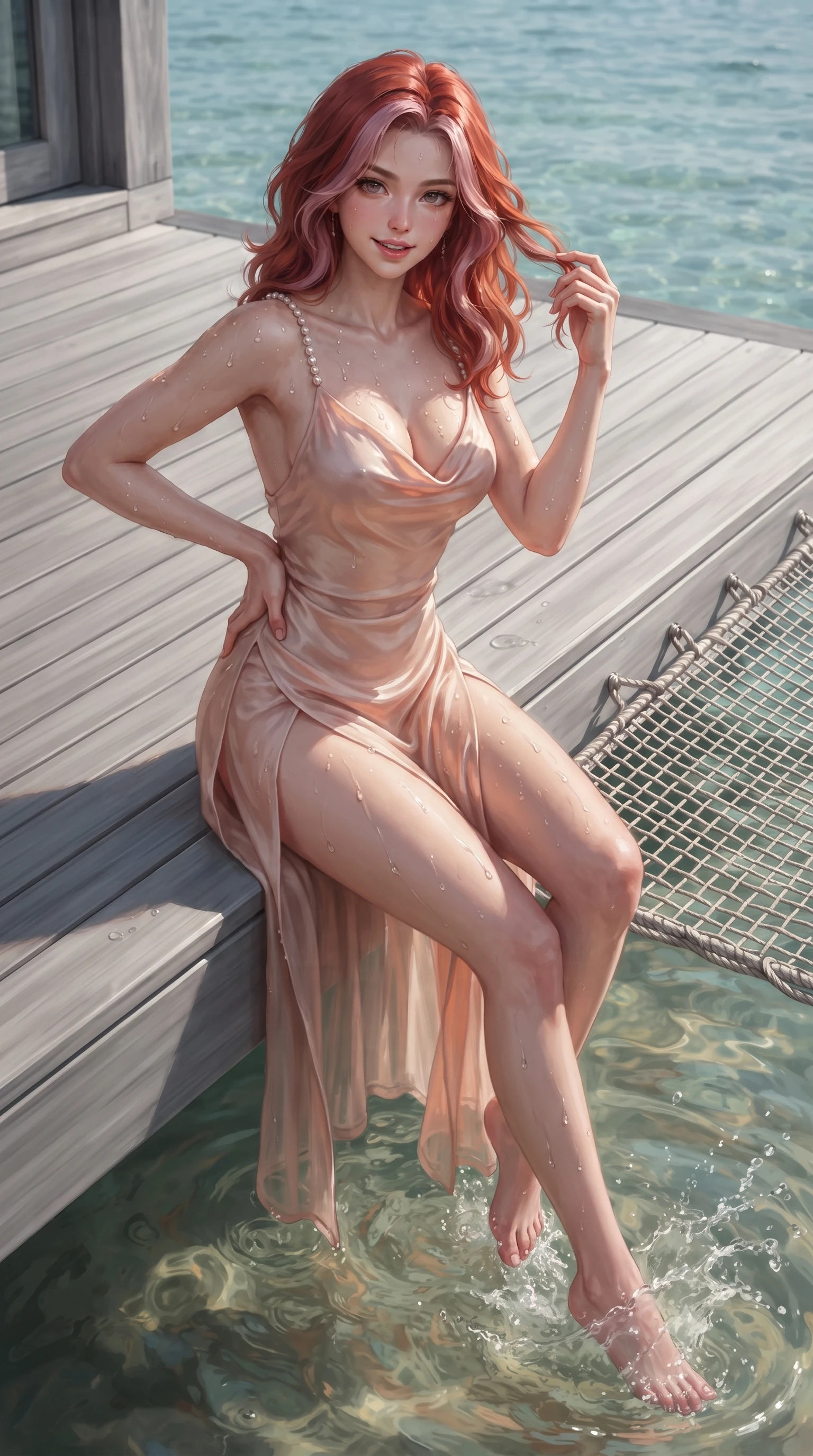 score_9, masterpiece, best quality, ultra-detailed, high-budget anime keyframe, editorial fashion photography, tasteful artistic composition, Caucasian woman. close-up cowboy shot from the waist and thighs up, the character dominates the composition, filling the frame with her large presence. twisting her slender torso in an alluring contrapposto stance, one hand resting on her sculpted hip while her fingers toy with her hair with effortless poise while perched sideways on the wooden deck edge with legs dipped in the warm sea, splashing water playfully with a coquettish, teasing smile. The surrounding environment is rendered in vivid detail and crisp panoramic clarity: sharp high-tension woven netting cordage, weathered silver-grey teak boardwalk texture, and clear water meniscus in deep focus. She has an exceptionally elegant, slender, and willowy female figure with an ultra-slim waist, flat toned midriff, narrow ribcage, and sculpted feminine hips creating an alluring, slim hourglass silhouette without bulk. sharp v-shaped jawline, high-bridge nose, sparkling eyes with hypnotic seductive depth, thick curled eyelashes, glossy parted lips with a natural dewy peach sheen, alluring bedroom-eyes with an enchanting coquettish smile, exuding magnetic siren charisma and sophisticated glamour, flawlessly proportioned anatomical accuracy, strict slender model proportions, natural body alignment, perfectly sculpted long slender limbs, ultra-slim waistline, clean dynamic posture without body distortion. wearing a plunging cowl-neck liquid silk satin sarong slip dress with daring hip-high double slits and pearl shoulder straps in dusky blush peach and champagne crystal, made of sheer gossamer chiffon that drapes softly against skin with airy translucence, finished with glistening drops of lagoon or spa water beading across her sculpted shoulders and collarbones, the glove-like clinging cut tightly following the natural contour of her hips and long slender legs with youthful 8.5-heads elegance. illuminated by lagoon water surface specular highlights and sharp champagne-gold rim lights defining her delicate clavicles, ultra-slim waist, and curvy hips. ultra-reflective glossy finish, specular highlights, rich textural contrasts, high-contrast stereoscopic depth, volumetric dynamic lighting, 2k, ultra detail, master piece, 9:16 ratio