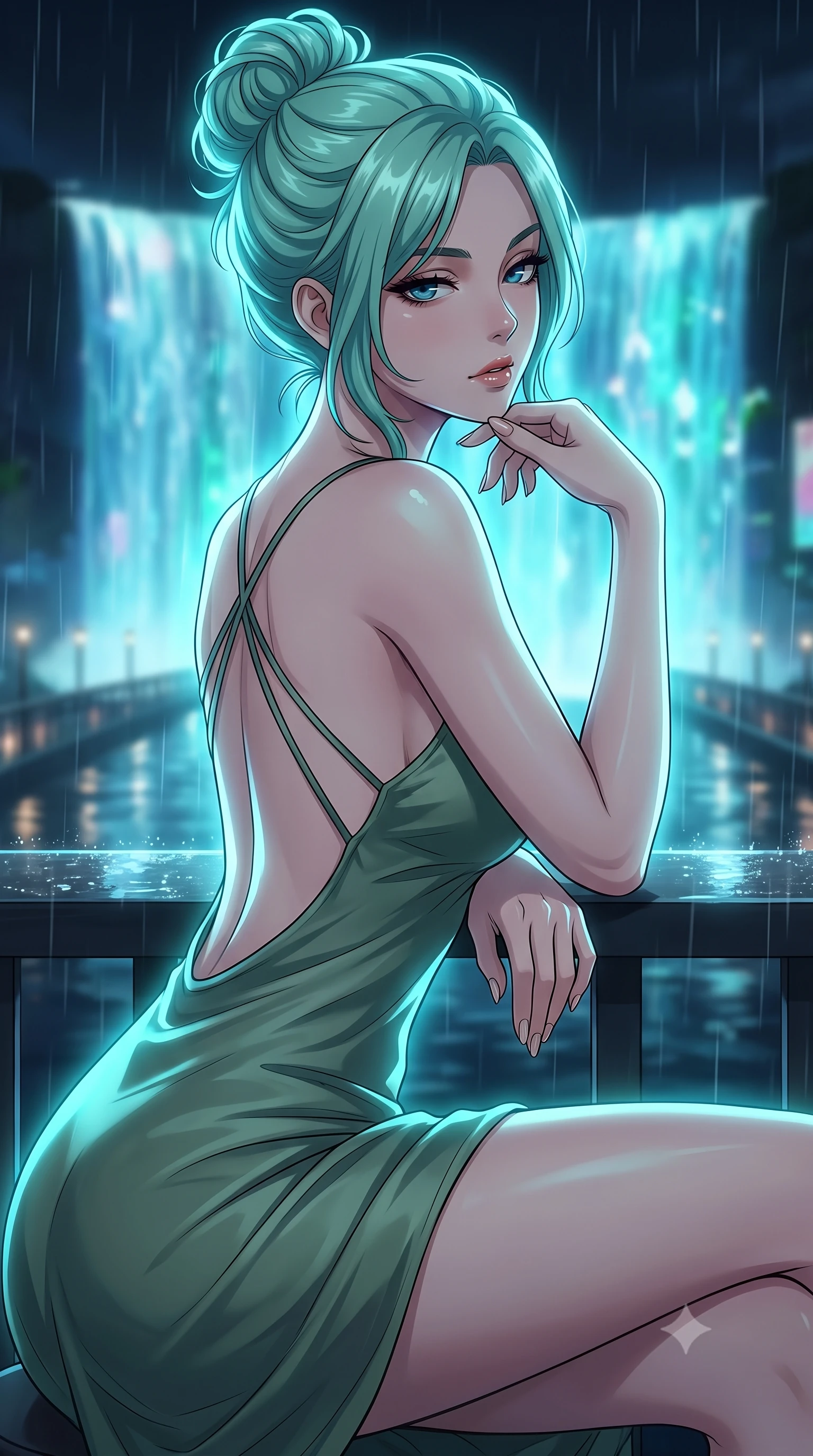 score_9, masterpiece, best quality, ultra-detailed, high-budget anime keyframe, tasteful artistic composition, Japanese woman. close-up cowboy shot from the waist and thighs up, the character dominates the composition, filling the frame with her large presence, background elements kept in soft focus. resting her chin on the backs of her fingers, casting a heavy-lidded, sultry look past the camera the background shows a soft-focus a rain-swept bridge overlook facing a massive holographic waterfall advertisement. She has an exceptionally elegant, slender, and willowy female figure with an ultra-slim waist, a gracefully sculpted slender torso, and a refined silhouette. sharp v-shaped jawline, high-bridge nose, intricate jewel-like eyes with depth, thick eyelashes, glossy lips with a natural sheen. wearing a form-contouring lightweight silk sundress in sage green with a dramatic open-back and thin criss-cross straps. shimmering turquoise light wrapping her silhouette in a cool glowing wash. highly saturated vibrant anime colors, cel-shading, 2d style, master piece, 9:16 ratio