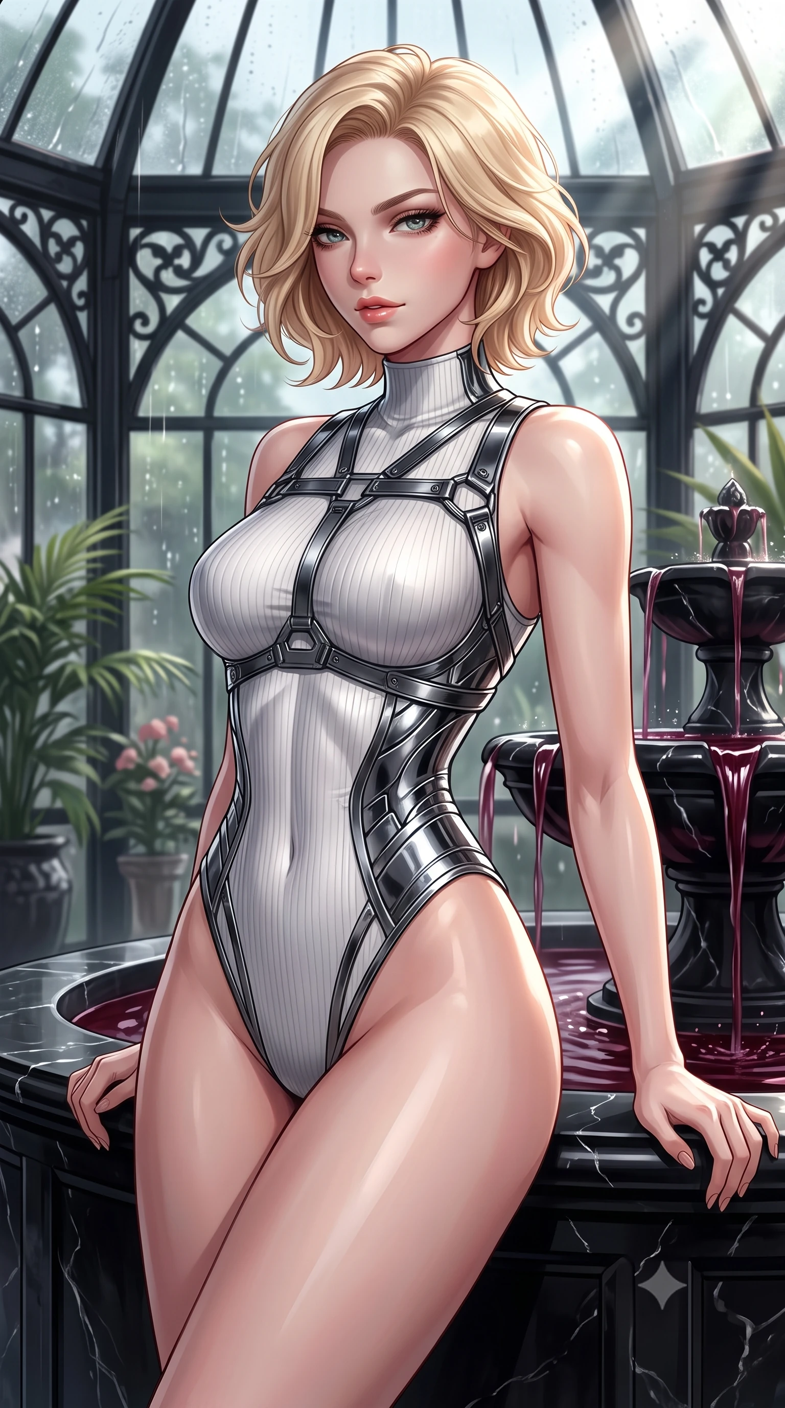 score_9, masterpiece, best quality, ultra-detailed, high-budget anime keyframe, editorial fashion photography, tasteful artistic composition, Caucasian woman. close-up cowboy shot from the waist and thighs up, the character dominates the composition, filling the frame with her large presence, background elements kept in soft focus. Glancing sidelong over her shoulder with a smoldering, enigmatic half-smile, resting against a black marble fountain flowing with dark ruby-colored water, black iron architectural lattices framing her tall statuesque form. She has an exceptionally elegant, slender, and willowy female figure with an ultra-slim waist, a gracefully sculpted slender torso, and a refined silhouette. sharp v-shaped jawline, high-bridge nose, intricate jewel-like eyes with depth, thick eyelashes, glossy lips with a natural sheen. wearing sleek high-neck ribbed activewear bodysuit in matte black in pearl white, made of sculpted obsidian metallic chrome, highlighted by a gunmetal metallic harness structure, sculpting her athletic slender build with refined precision. lit by piercing key rays filtering through wet conservatory glass. highly saturated vibrant anime colors, detailed shading with soft gradients, rich glossy textures, high-contrast stereoscopic depth, volumetric dynamic lighting, master piece, 9:16 ratio