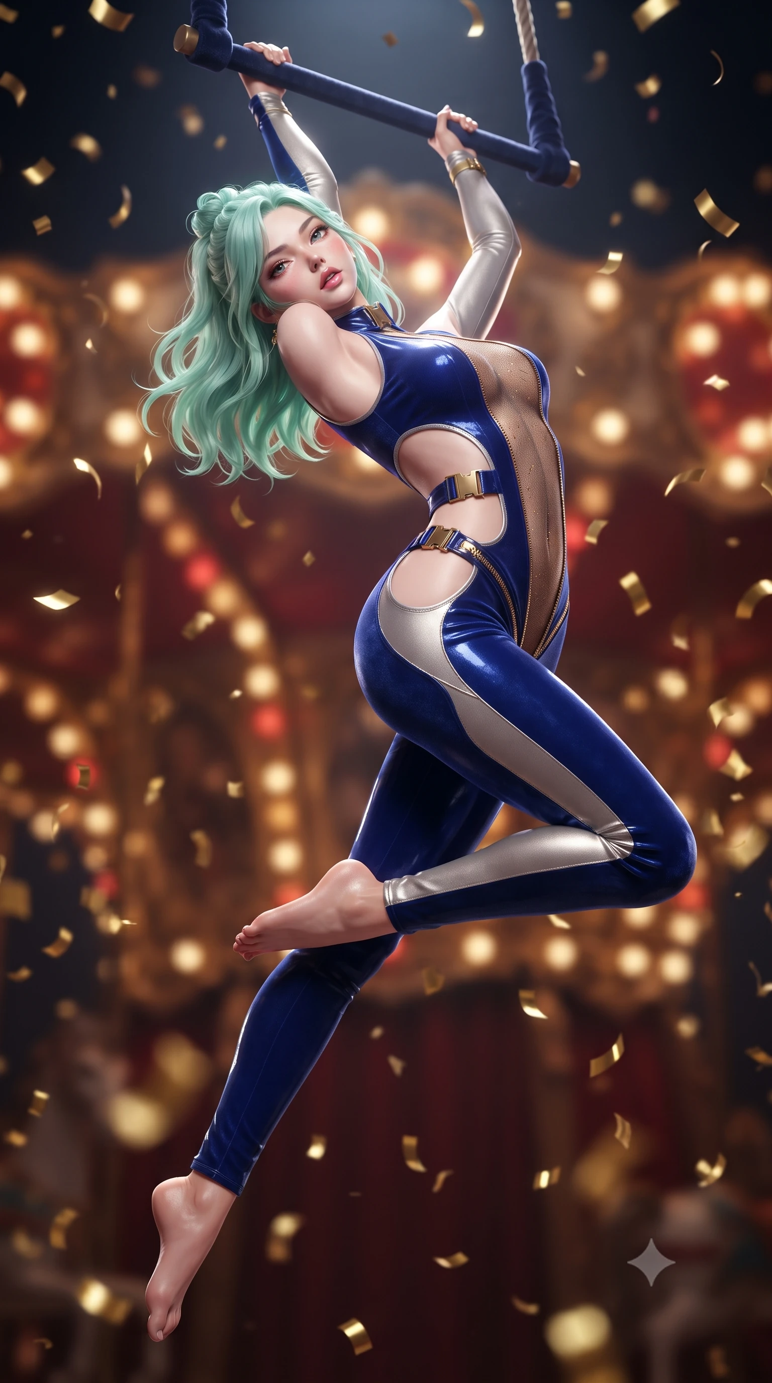 score_9, masterpiece, best quality, ultra-detailed, high-budget anime keyframe, editorial fashion photography, tasteful artistic composition, Japanese woman. low angle full-body shot from head to toe showing her feet, filling the entire 9:16 vertical frame with her statuesque presence, stretching her vertical silhouette. striding forward in a proud supermodel runway stride, hips swaying in an alluring kinetic rhythm that accentuates her curvy hourglass silhouette while hanging suspended from an aerial velvet trapeze bar, arching her spine in a breathtaking dancer line with one leg extended as spotlights trace her curvy hips. The composition keeps background elements in soft focus with creamy bokeh. swirling gold confetti and carousel bulb light strings blurred into rich amber, ruby-red, and champagne bokeh. She has an absolutely perfect, statuesque 8.5-heads proportion, an exceptionally tall and slender model-like female figure with impossibly long slender legs, a toned flat midriff, an ultra-slim waist, and beautifully sculpted feminine hips. sharp v-shaped jawline, high-bridge nose, intricate jewel-like eyes with depth, thick eyelashes, glossy parted lips with a natural sheen, intensely captivating and seductive bedroom-eyes expression, flawlessly proportioned anatomical accuracy, strict slender model proportions, natural body alignment, perfectly sculpted long slender limbs, ultra-slim waistline, clean dynamic posture without body distortion. wearing a high-collar velvet speedsuit featuring bold side cutouts and quick-release brass buckles in royal sapphire blue and brushed platinum, made of sheer contouring power-mesh with fine gold glitter flocking, accented with diagonal metal zippers running across the side-waist cutouts, the precision-cut side openings and low-back scoop framing her graceful spine and the sensual sweep of her hips. surrounded by an eccentric, spellbinding, and dangerously seductive circus queen aura. ultra-reflective glossy finish, specular highlights, rich textural contrasts, high-contrast stereoscopic depth, volumetric dynamic lighting, 2k, ultra detail, master piece, 9:16 ratio