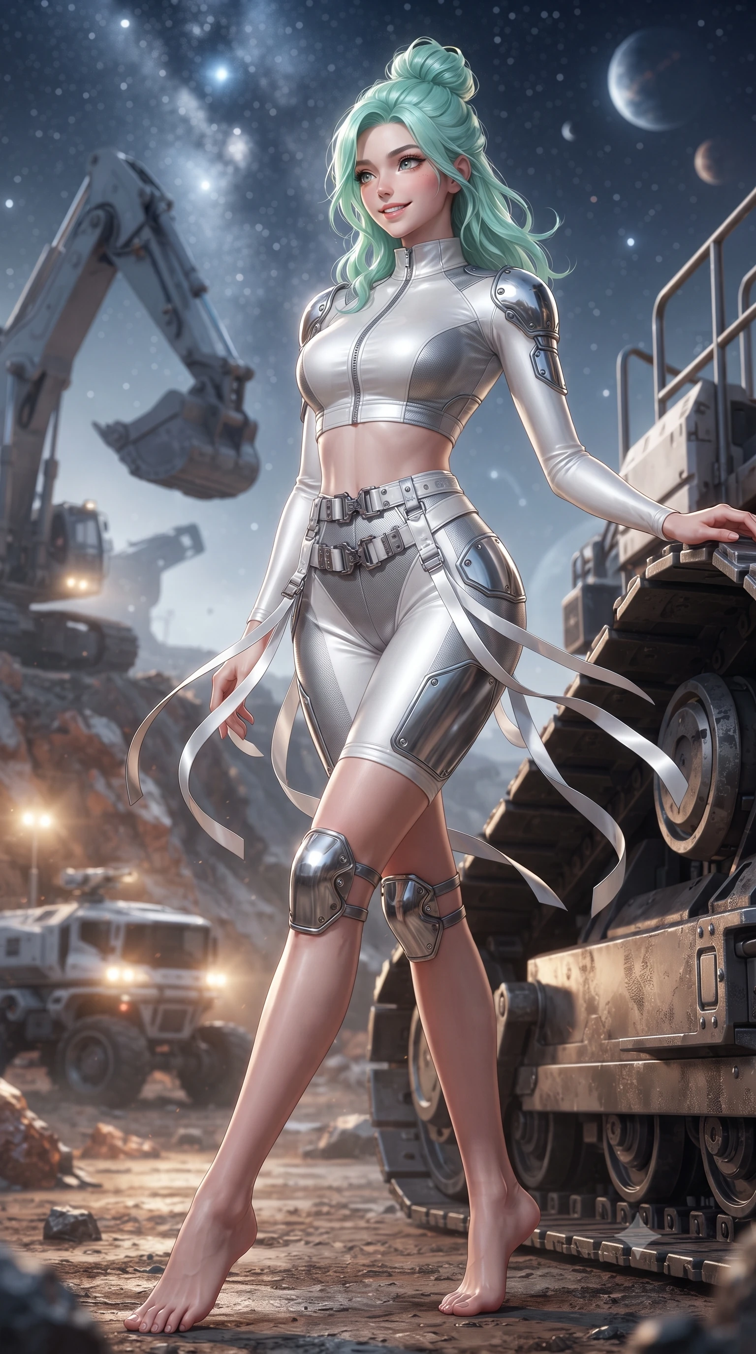 score_9, masterpiece, best quality, ultra-detailed, high-budget anime keyframe, editorial fashion photography, tasteful artistic composition, Japanese woman. low angle full-body shot from head to toe showing her feet, filling the entire 9:16 vertical frame with her statuesque presence, stretching her vertical silhouette. executing a cheerful mid-motion pivot turn as her tactical belt and ribbons flutter around her slender legs, glancing over her shoulder with an intoxicating, teasing bedroom-gaze while leaning against the titanium crawler track with hips cocked back, looking over her shoulder with an enchanting, fearless smile. The background shows a soft-focus towering robotic excavator arms and automated transport rovers softened in off-world mining shallow focus. She has an absolutely perfect, statuesque 8.5-heads proportion, an exceptionally tall and slender model-like female figure with impossibly long slender legs, an ultra-slim waist, a flat toned midriff, narrow delicate ribcage, and beautifully sculpted feminine hips creating a graceful, slim hourglass silhouette without any bulky heaviness. sharp v-shaped jawline, high-bridge nose, intricate jewel-like sparkling eyes with depth, thick eyelashes, glossy parted lips with a natural sheen, bright confident smile with an enchanting and coquettish sensual glint, exuding both youthful magnetic charm and sovereign high-tech allure, flawlessly proportioned anatomical accuracy, strict slender model proportions, natural body alignment, perfectly sculpted long slender limbs, ultra-slim waistline, clean dynamic posture without body distortion. wearing a sleek two-piece combat athletic set with a zip-front mock-neck crop top and contouring biker shorts hugging her curvy hips in pure alabaster white and brushed silver accents, crafted from lightweight aerodynamic matte carbon-fiber weave with structural stiffness, accented with strategically placed chrome armor plate guards covering key curves, the liquid-tight tailored fabric clinging flawlessly to her narrow waist and rounded feminine hips, emphasizing every millimeter of her sculpted slim hourglass curves without any bulky heaviness. bathed in brilliant cold silver starlight from above and warm industrial sodium work-lights from below. ultra-reflective glossy finish, specular highlights, rich textural contrasts, high-contrast stereoscopic depth, volumetric dynamic lighting, 2k, ultra detail, master piece, 9:16 ratio