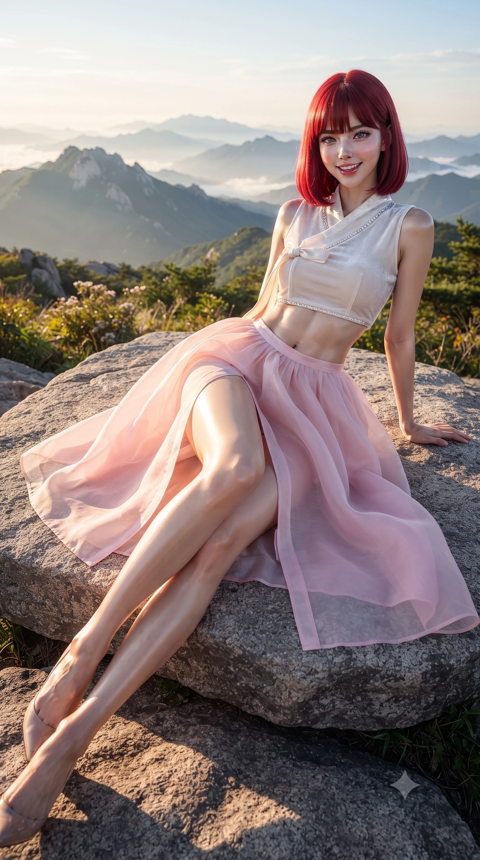 score_9, masterpiece, best quality, ultra-detailed, high-budget anime keyframe, editorial fashion photography, tasteful artistic composition, Caucasian woman. low angle full-body shot from head to toe showing her feet, filling the entire 9:16 vertical frame with her statuesque presence, stretching her vertical silhouette. sitting perched on the elevated pavilion terrace edge with legs crossed and hips angled toward the camera, displaying her toned midriff and long slender limbs with joyful, coquettish charm while lounging gracefully on a flat summit rock propped on one elbow, her long slender legs and flat midriff radiant in warm sunrise rays. The surrounding environment is rendered in vivid detail and crisp panoramic clarity: detailed flowing silk gown weave, morning sunlight glints on skin, and UNESCO mountain landscape clarity in high resolution. She has an absolutely perfect, statuesque 8.5-heads proportion, an exceptionally tall and slender model-like female figure with impossibly long slender legs, an ultra-slim waist, a flat toned midriff, narrow delicate ribcage, and beautifully sculpted feminine hips creating a graceful, slim hourglass silhouette without any bulky heaviness. sharp v-shaped jawline, high-bridge nose, intricate jewel-like dark sparkling almond eyes with depth, thick lashes, glossy parted lips with a natural rose-plum sheen, bright alluring and coquettish smile with bedroom-eyes, exuding both timeless oriental elegance and sovereign high-fashion allure, flawlessly proportioned anatomical accuracy, strict slender model proportions, natural body alignment, perfectly sculpted long slender limbs, ultra-slim waistline, clean dynamic posture without body distortion. wearing a modern fusion hanbok dress with a structured velvet bodice and cascading sheer ombre organza skirt with front slit in soft cherry blossom pink and pearlescent ivory, made of supple second-skin stretch silk jersey clinging flawlessly to her form, finished with subtle crystal rhinestones tracing the elegant neckline, the form-fitting tailored bodice adhering flawlessly to her sculpted flat midriff and slender torso, emphasizing her long leg lines and perfectly proportioned willowy build. illuminated by white cloud bounce fill and sharp warm-gold rim lighting sculpting her razor-sharp jawline, narrow waist, and curvy hips. ultra-reflective glossy finish, specular highlights, rich textural contrasts, high-contrast stereoscopic depth, volumetric dynamic lighting, 2k, ultra detail, master piece, 9:16 ratio